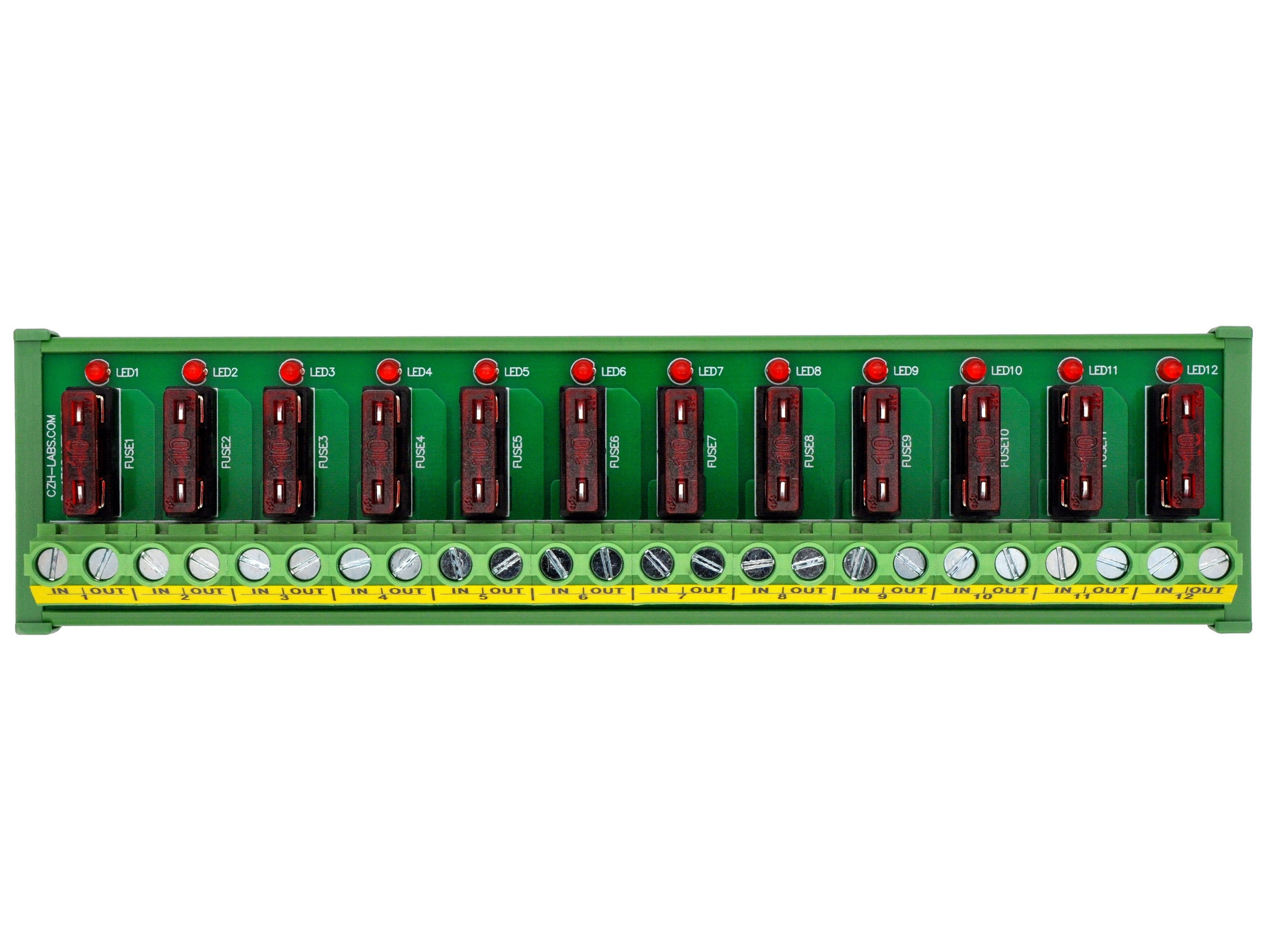 DIN Rail Mount DC 5 - 32V 12 Channel ATO Fuse Module, CZH-LABS D-1708T/32V