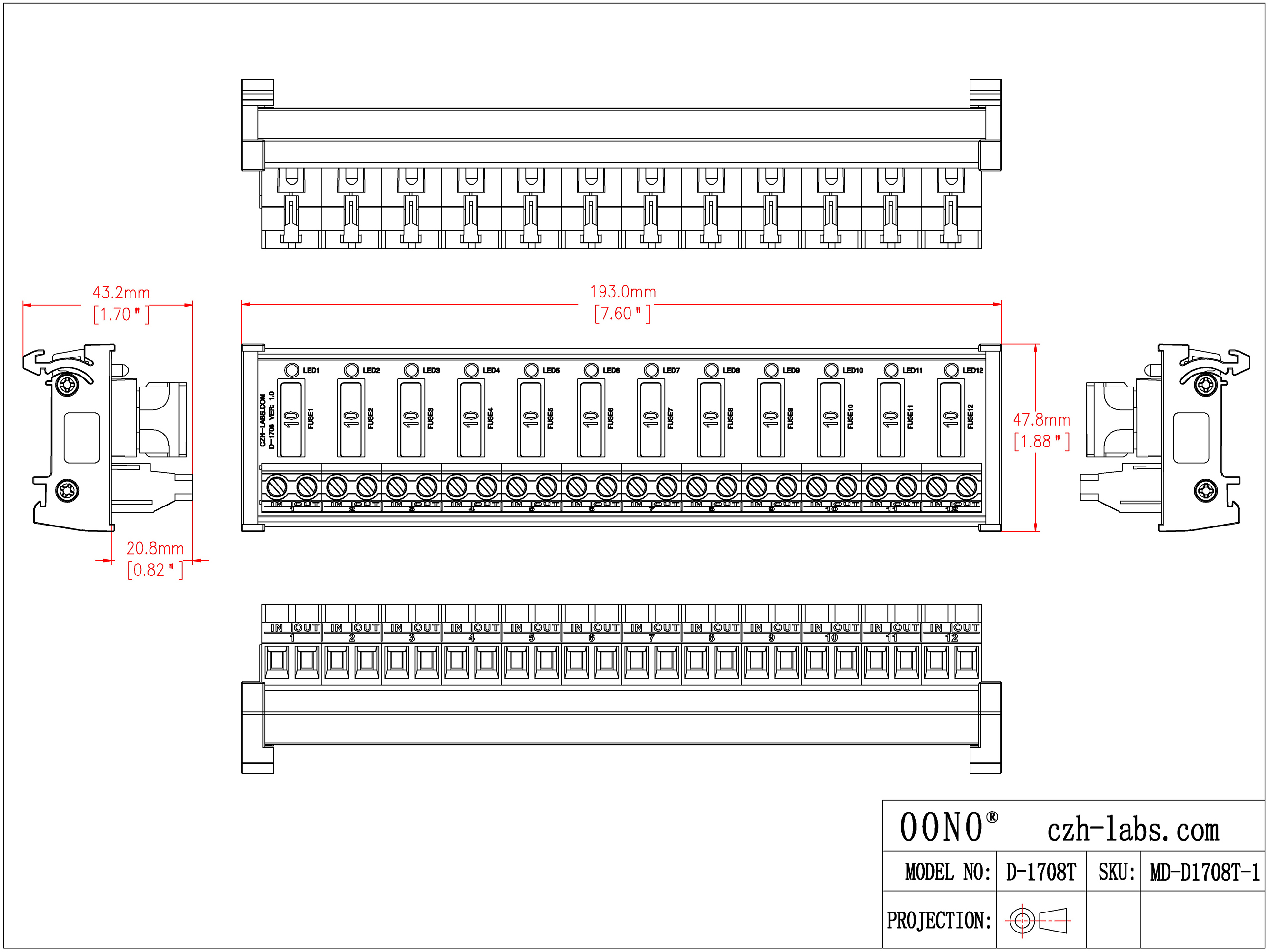DIN Rail Mount DC 5 - 32V 12 Channel ATO Fuse Module, CZH-LABS D-1708T/32V