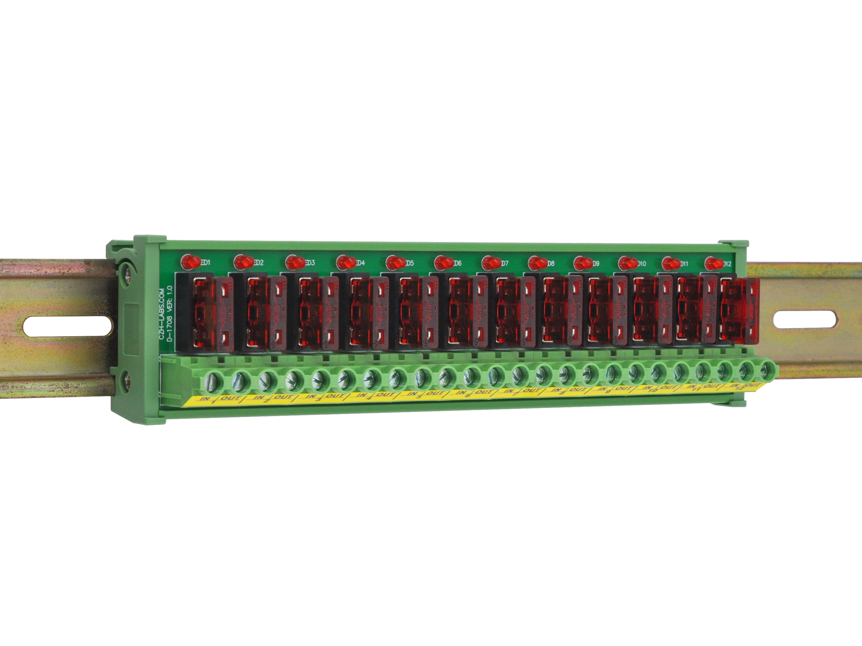 DIN Rail Mount DC 5 - 32V 12 Channel ATO Fuse Module, CZH-LABS D-1708T/32V