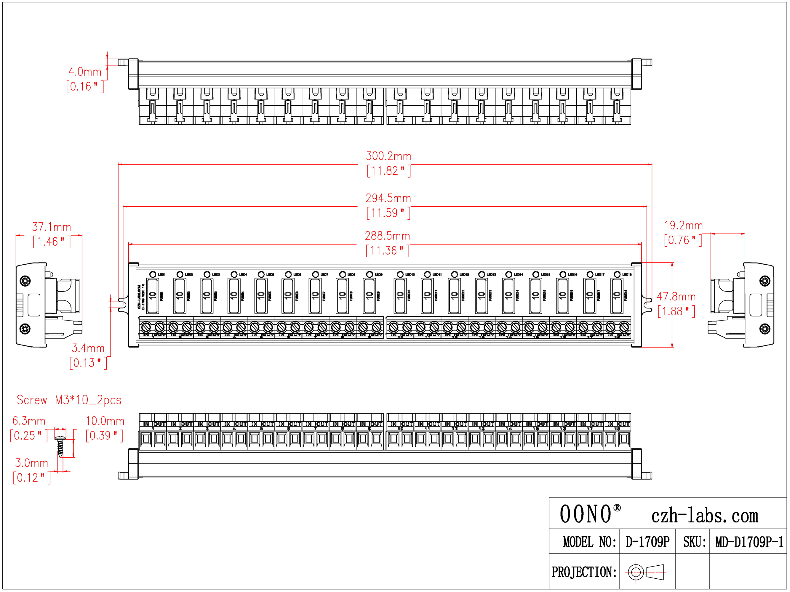 Screw Mount DC 5 - 32V 18 Channel ATO Fuse Module, CZH-LABS D-1709P/32V