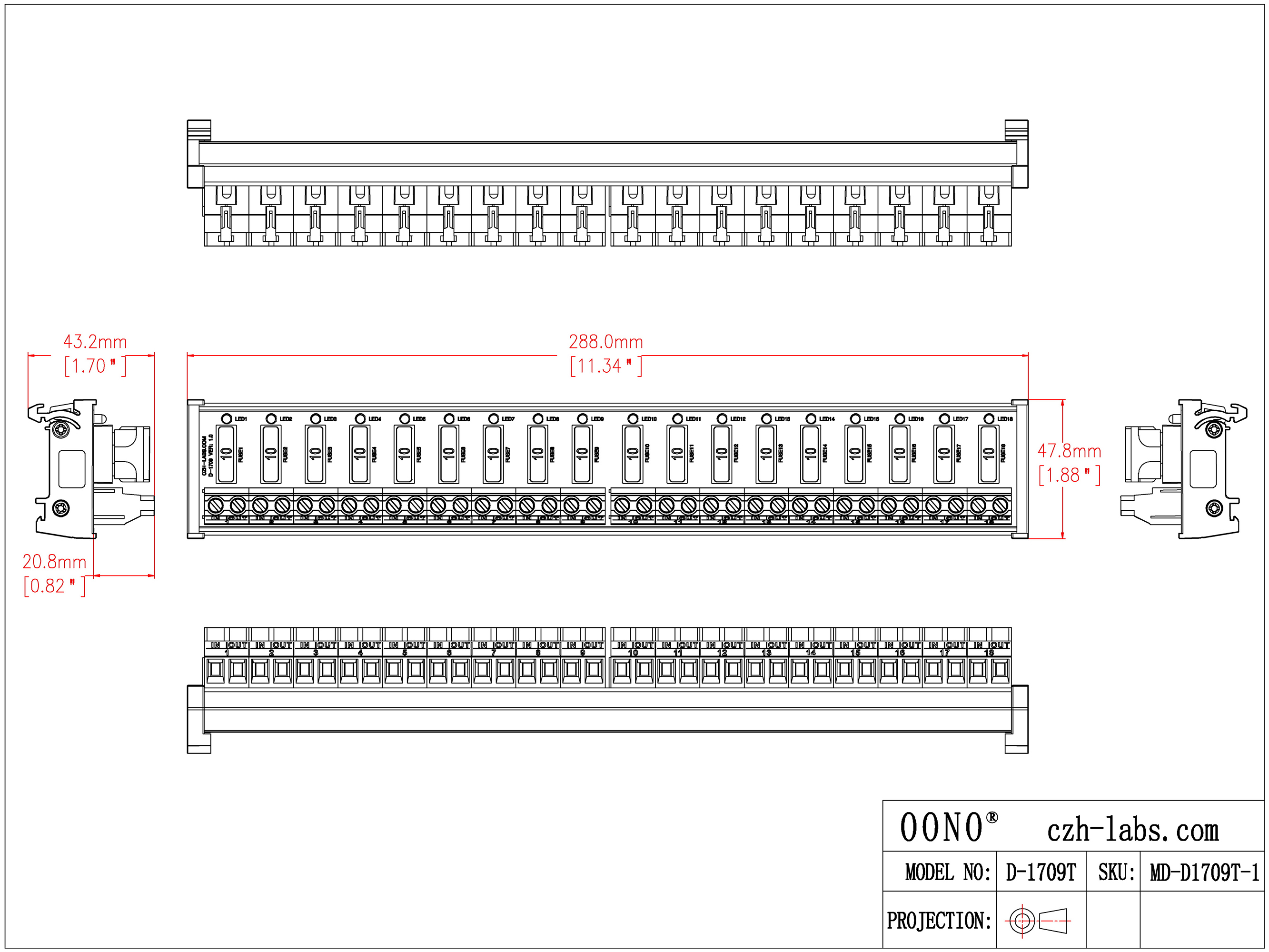 DIN Rail Mount DC 5 - 32V 18 Channel ATO Fuse Module, CZH-LABS D-1709T/32V