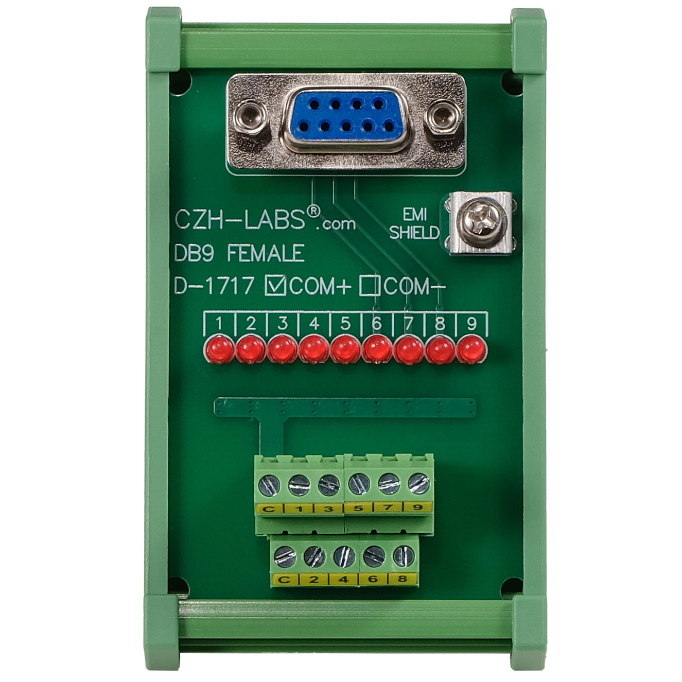 Female DB9 Interface Module, COM+ with LEDs For Circuit Indication, DIN 41652/IEC60807 D-SUB Breakout Board Module, DIN Rail Mount