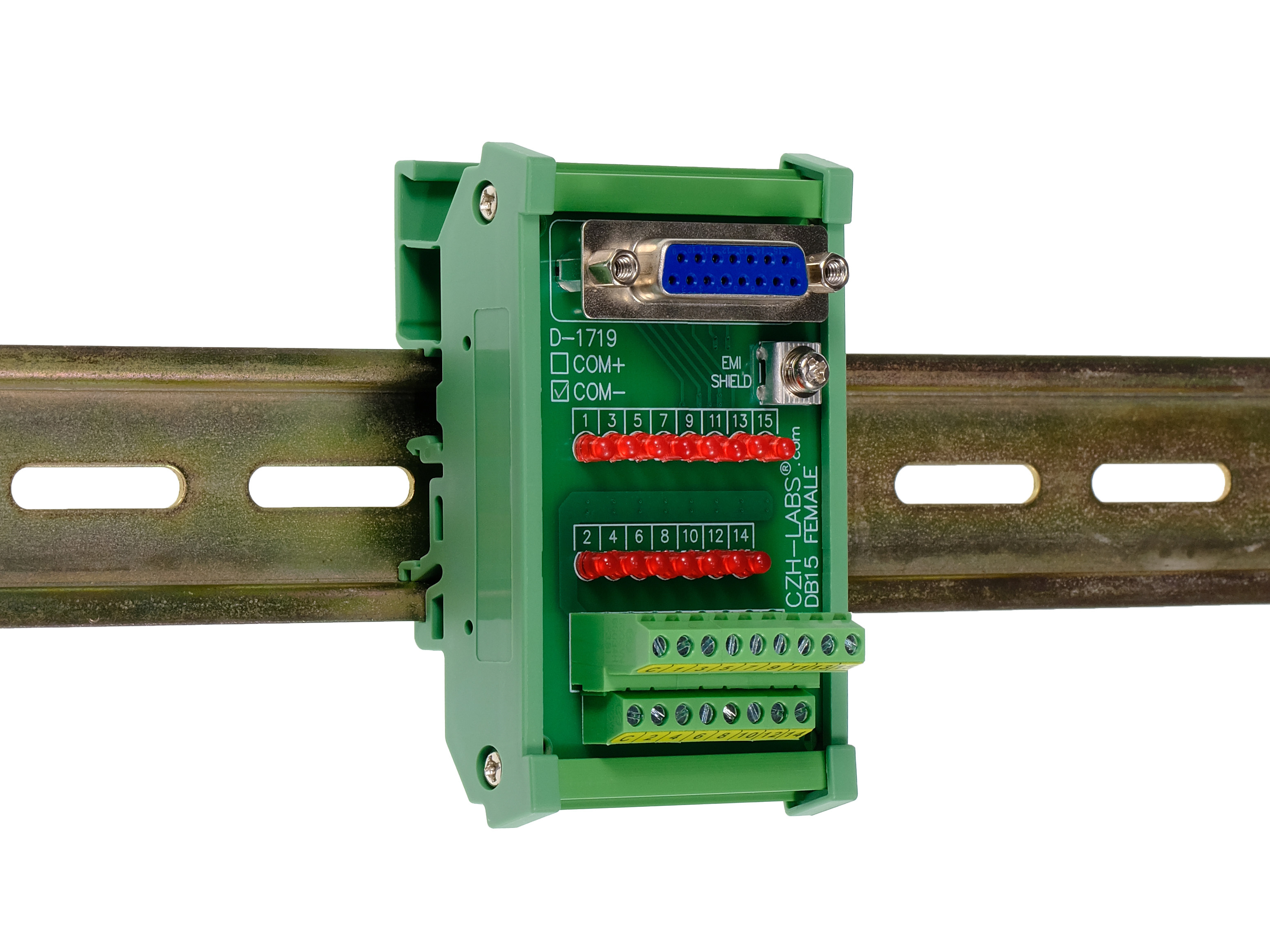 Female DB15 Interface Module, COM- with LEDs For Circuit Indication, DIN 41652/IEC60807 D-SUB Breakout Board Module, DIN Rail Mount