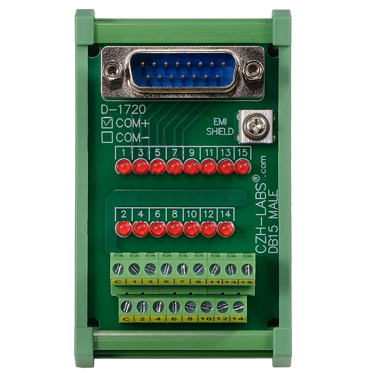Male DB15 Interface Module, COM+ with LEDs For Circuit Indication, DIN 41652/IEC60807 D-SUB Breakout Board Module, DIN Rail Mount