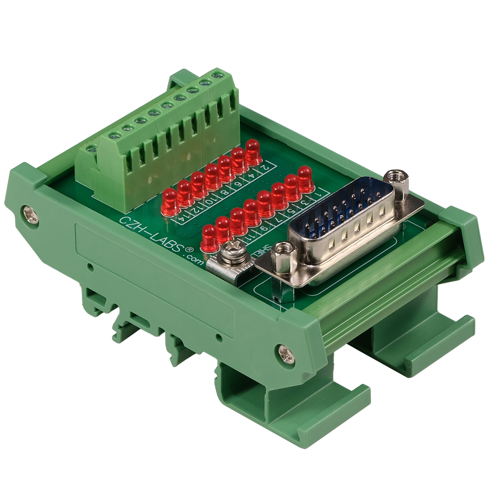 Male DB15 Interface Module, COM- with LEDs For Circuit Indication, DIN 41652/IEC60807 D-SUB Breakout Board Module, DIN Rail Mount