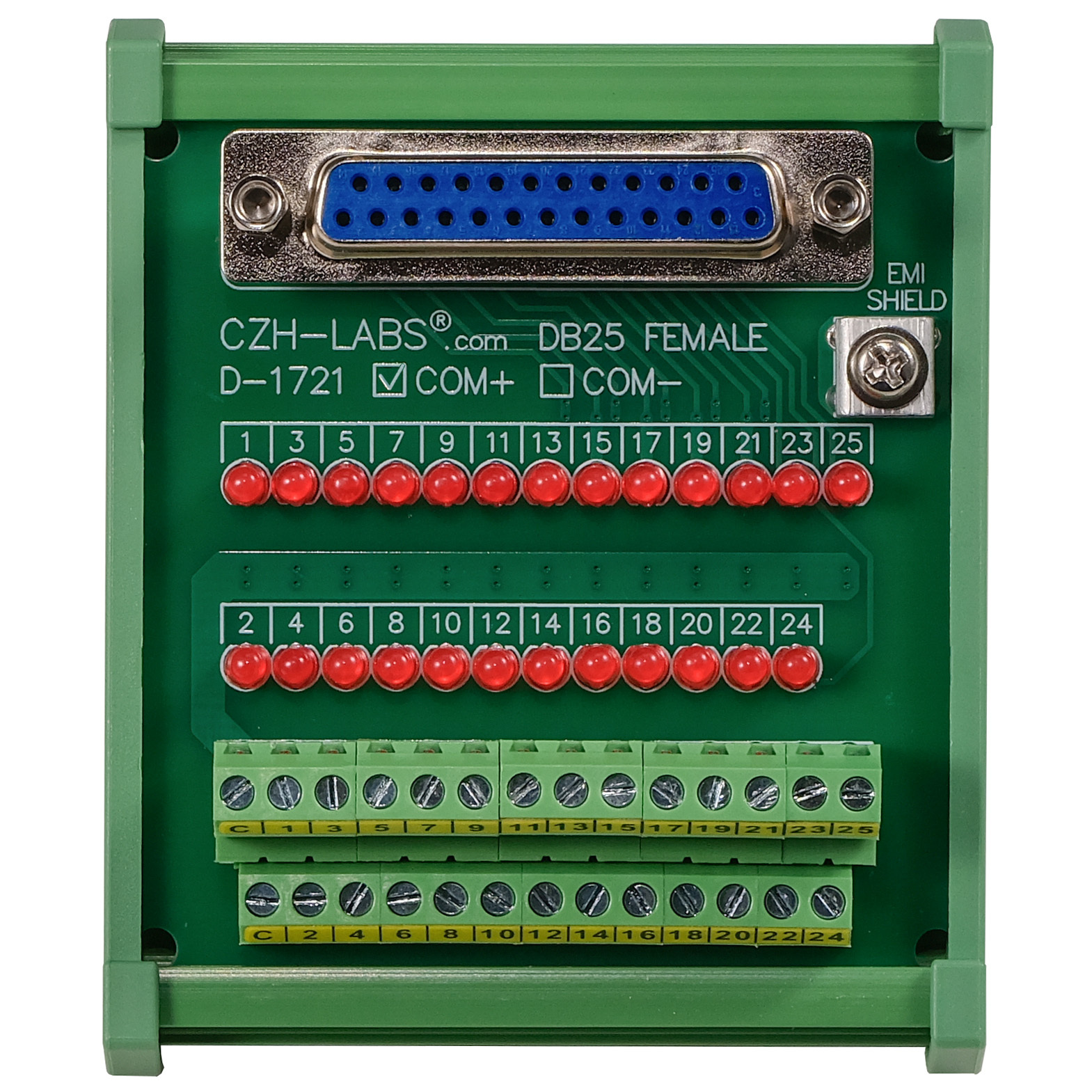 Female DB25 Interface Module, COM+ with LEDs For Circuit Indication, DIN 41652/IEC60807 D-SUB Breakout Board Module, DIN Rail Mount