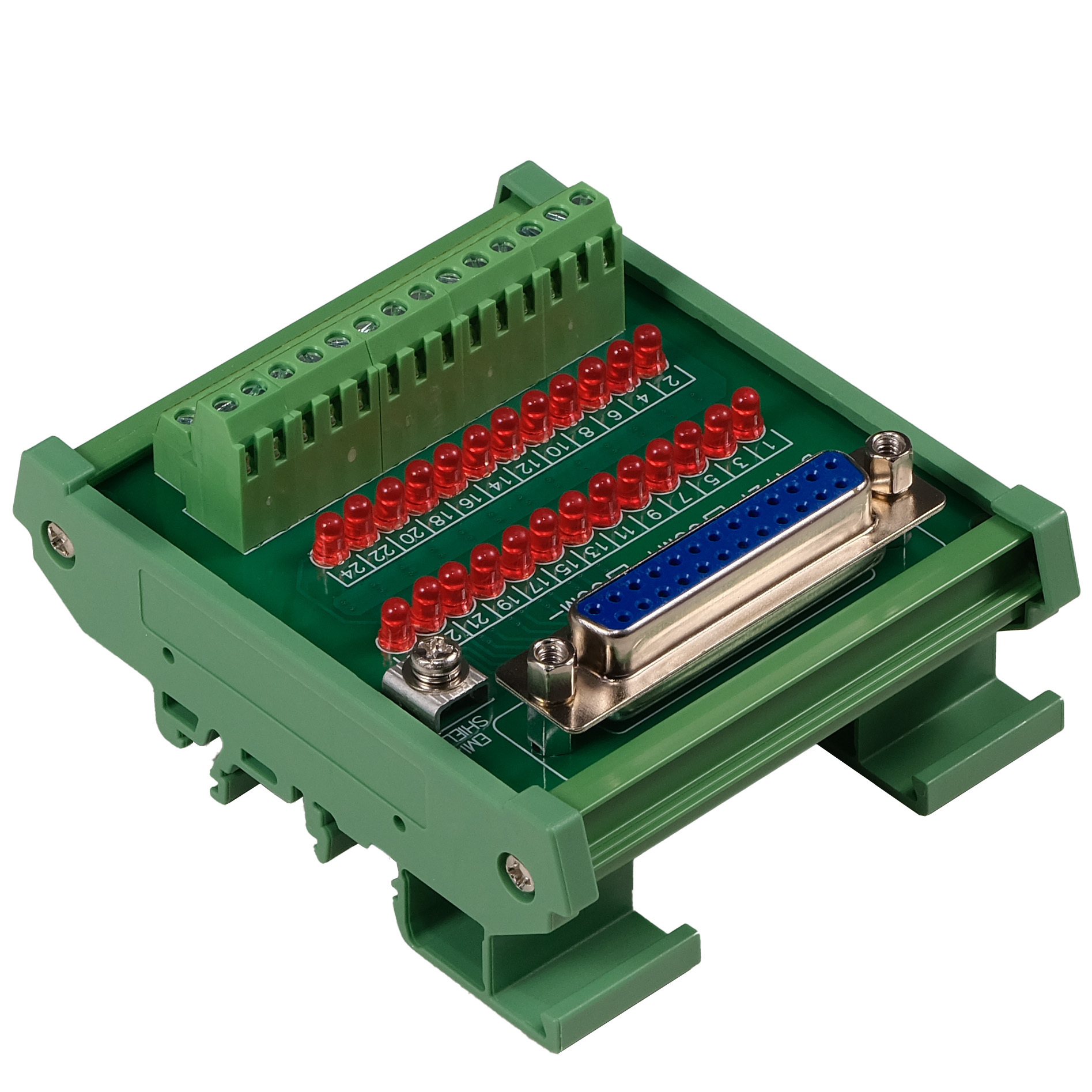Female DB25 Interface Module, COM+ with LEDs For Circuit Indication, DIN 41652/IEC60807 D-SUB Breakout Board Module, DIN Rail Mount