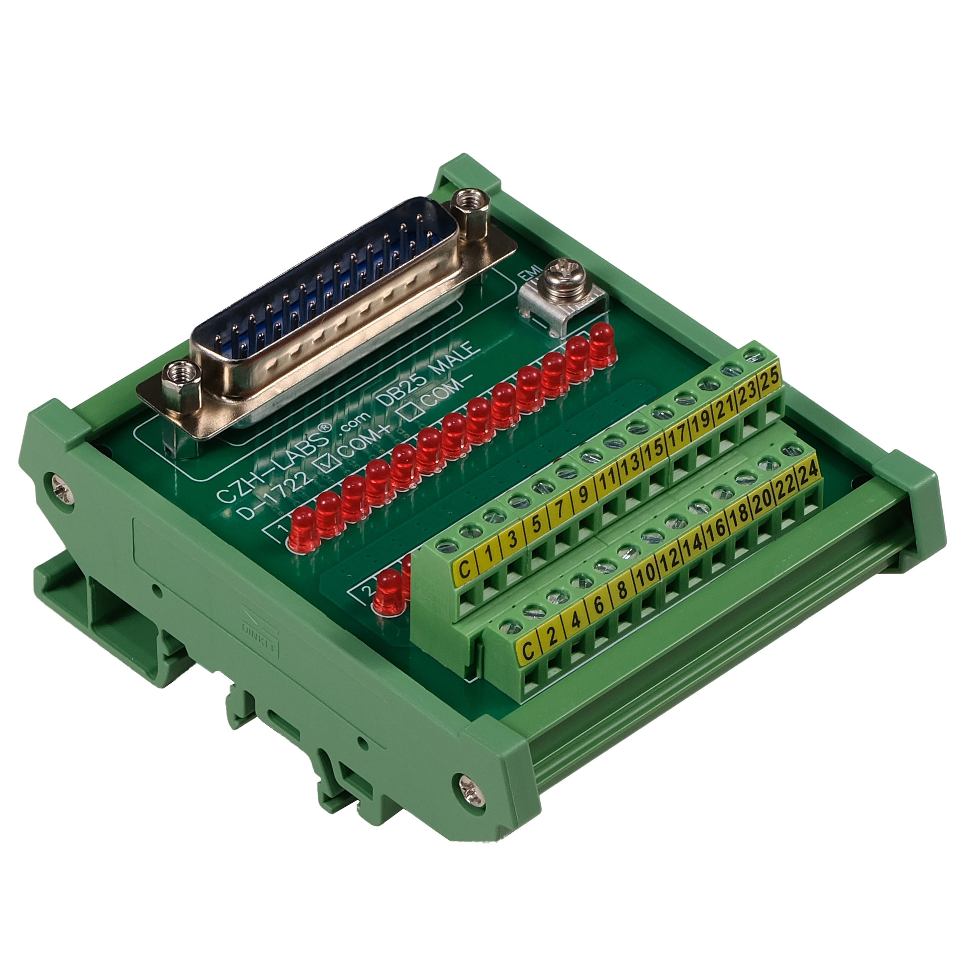 Male DB25 Interface Module, COM+ with LEDs For Circuit Indication, DIN 41652/IEC60807 D-SUB Breakout Board Module, DIN Rail Mount
