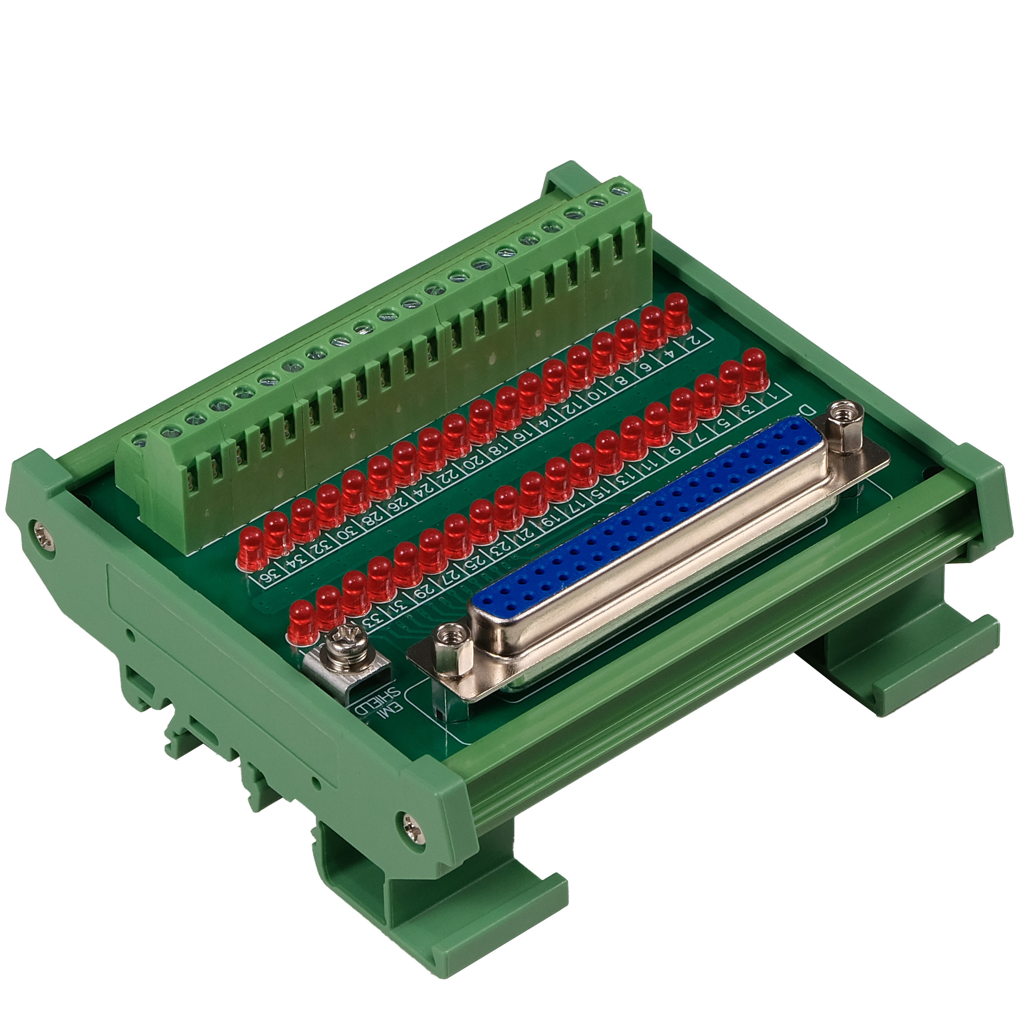 Female DB37 Interface Module, COM- with LEDs For Circuit Indication, DIN 41652/IEC60807 D-SUB Breakout Board Module, DIN Rail Mount