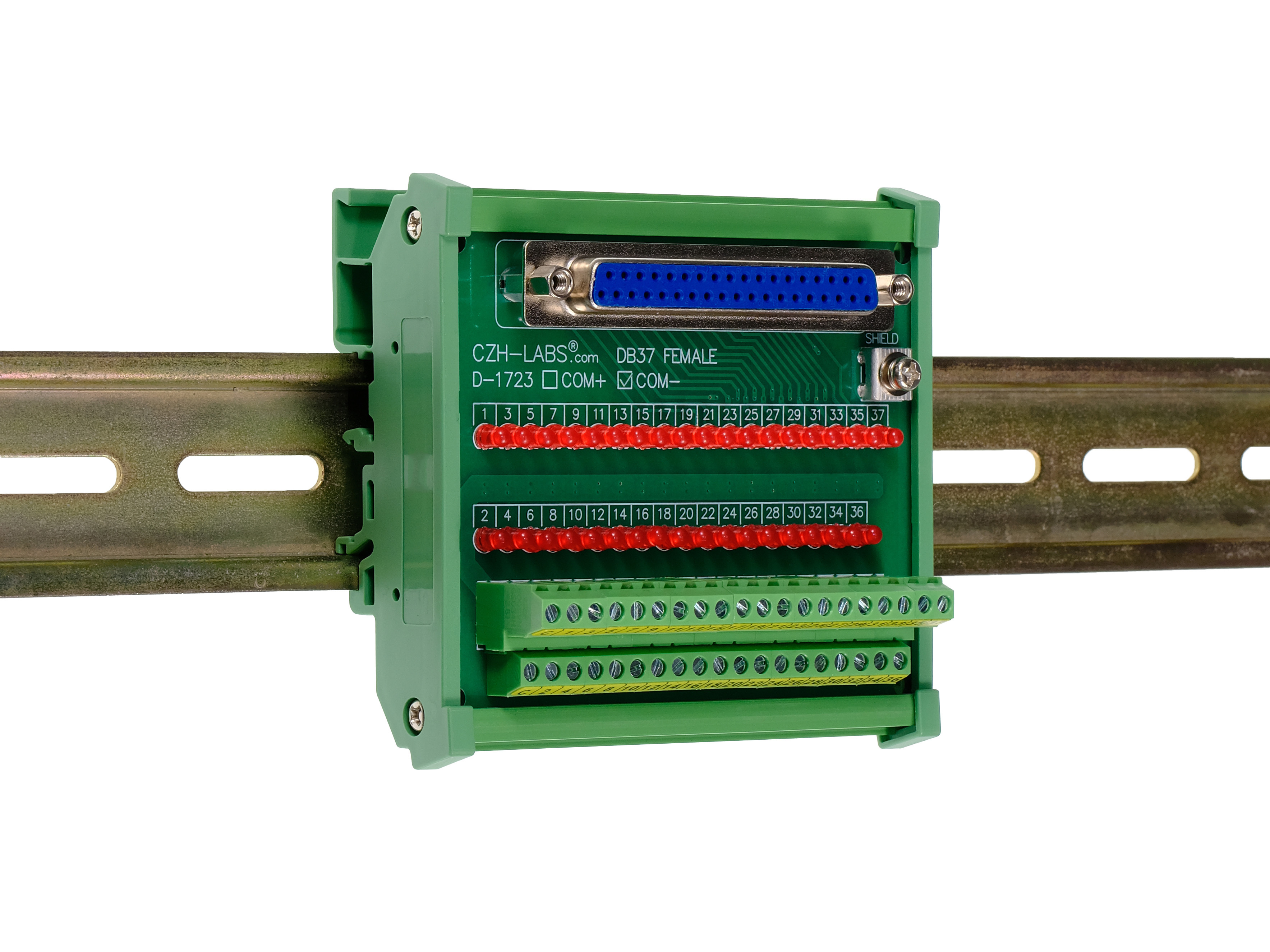Female DB37 Interface Module, COM- with LEDs For Circuit Indication, DIN 41652/IEC60807 D-SUB Breakout Board Module, DIN Rail Mount