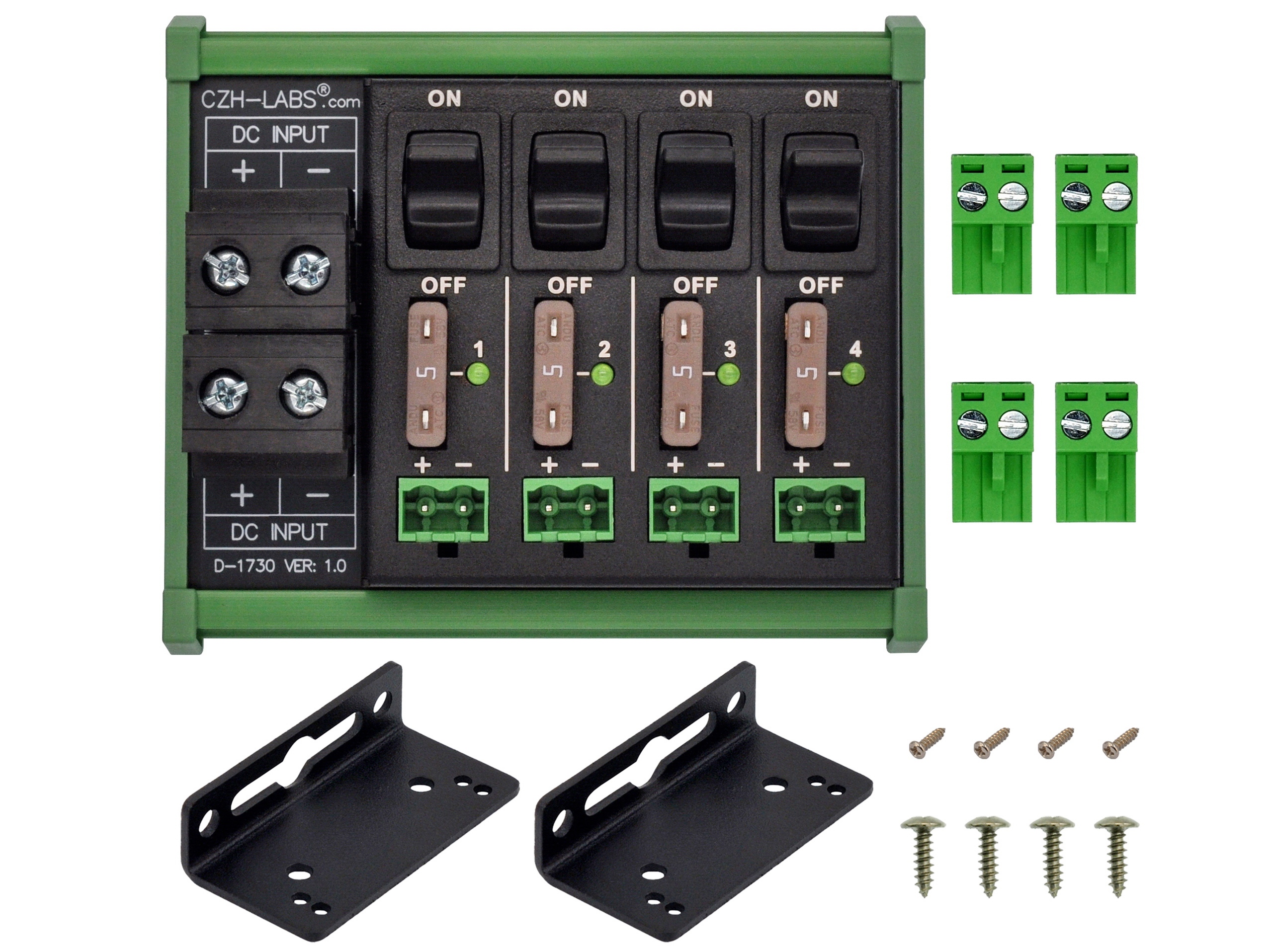 DC Power Distribution Module, 52Amp 4 Channel, Paddle Switch, Fused, Pluggable Top Wiring Terminal Block, DIN Rail and Screw Mount