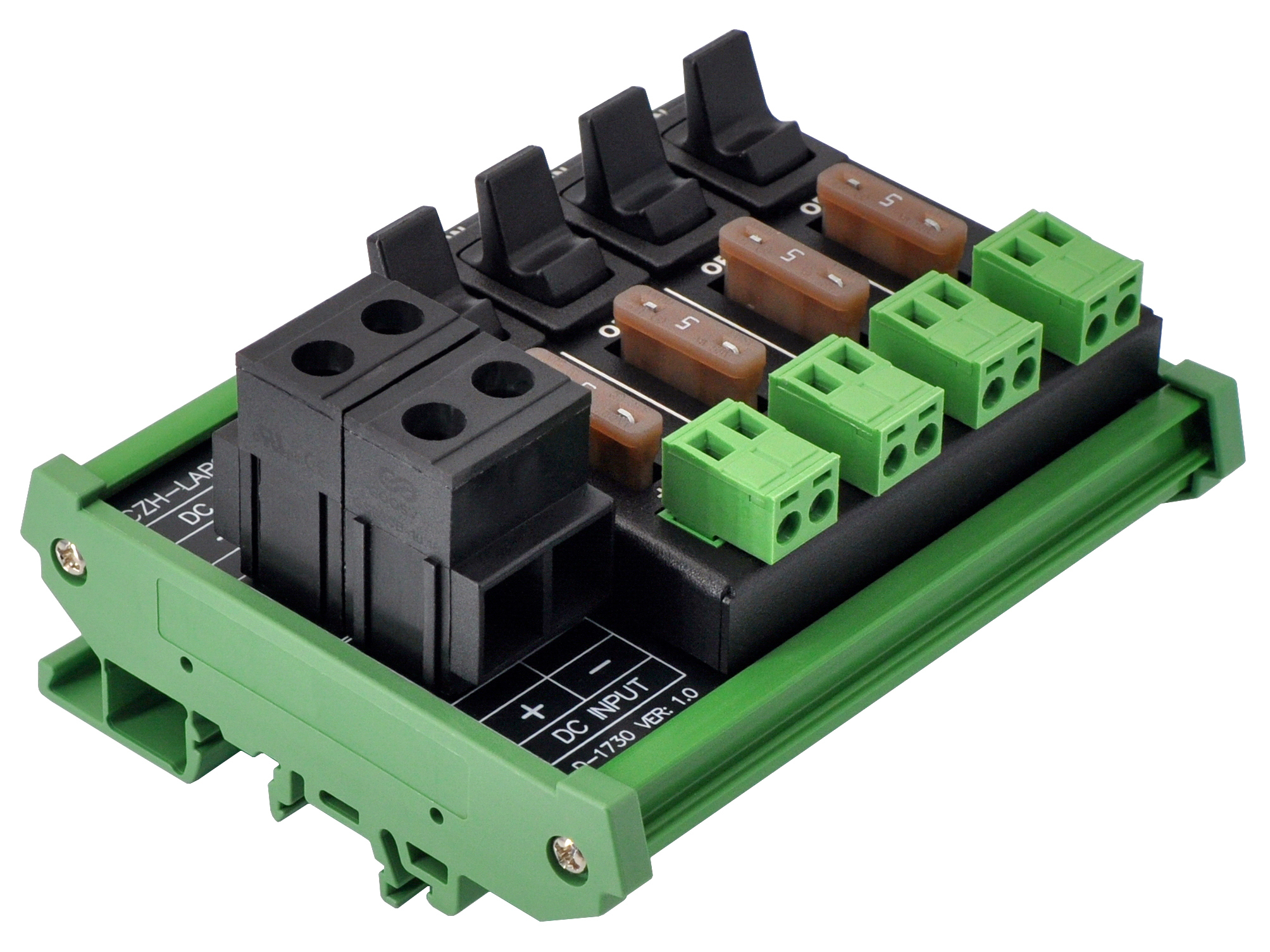 DC Power Distribution Module, 52Amp 4 Channel, Paddle Switch, Fused, Pluggable Top Wiring Terminal Block, DIN Rail and Screw Mount