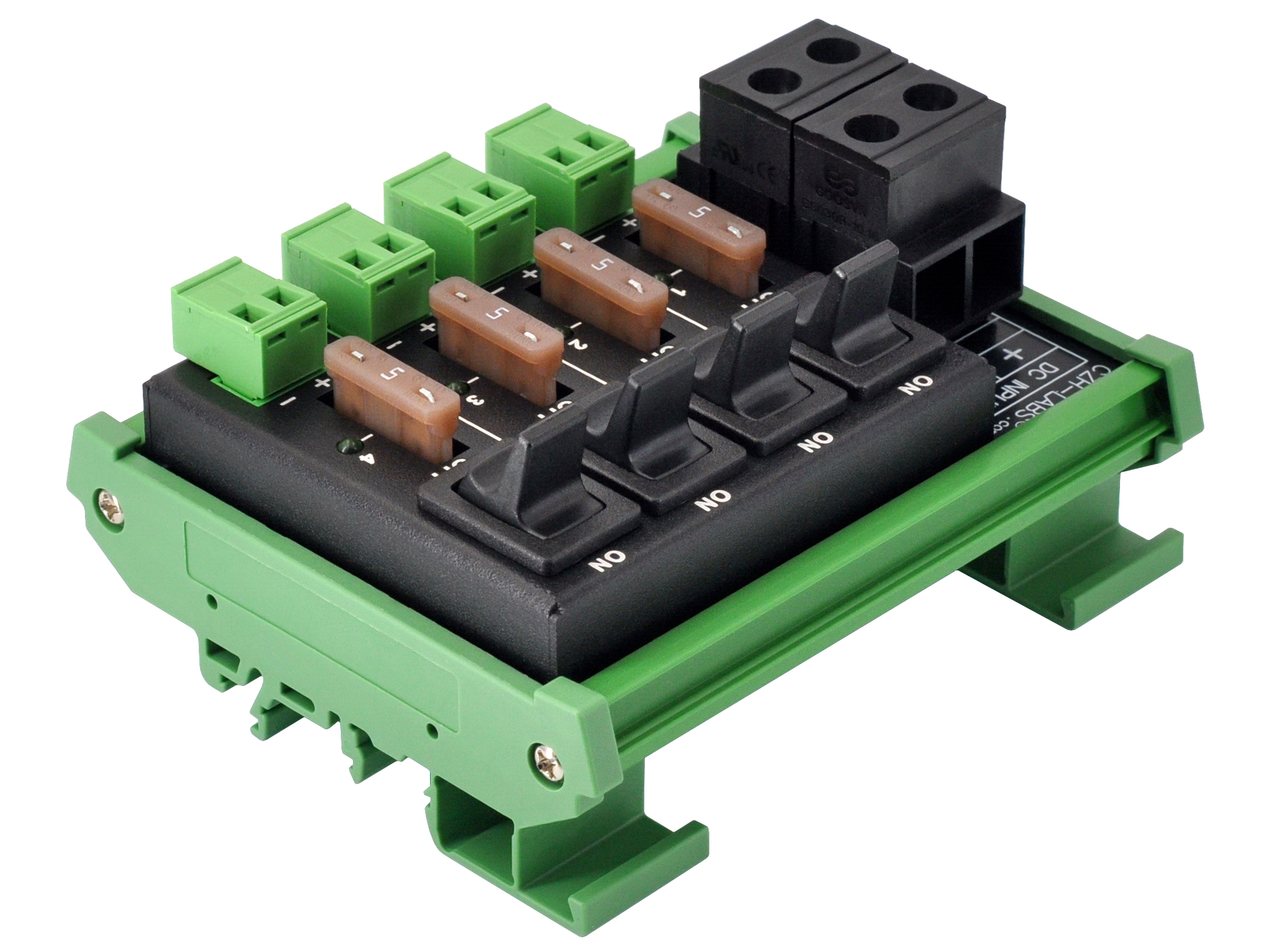 DC Power Distribution Module, 52Amp 4 Channel, Paddle Switch, Fused, Pluggable Top Wiring Terminal Block, DIN Rail and Screw Mount