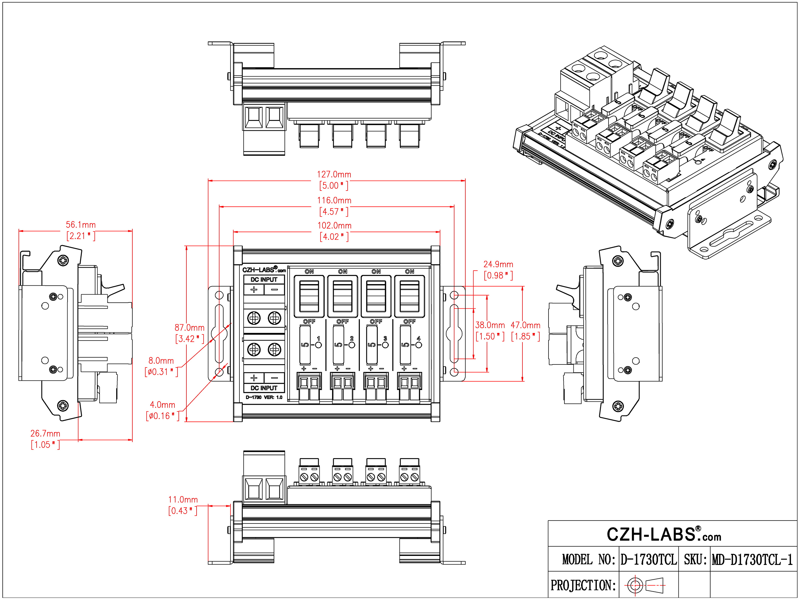 DC Power Distribution Module, 52Amp 4 Channel, Paddle Switch, Fused, Pluggable Top Wiring Terminal Block, DIN Rail and Screw Mount