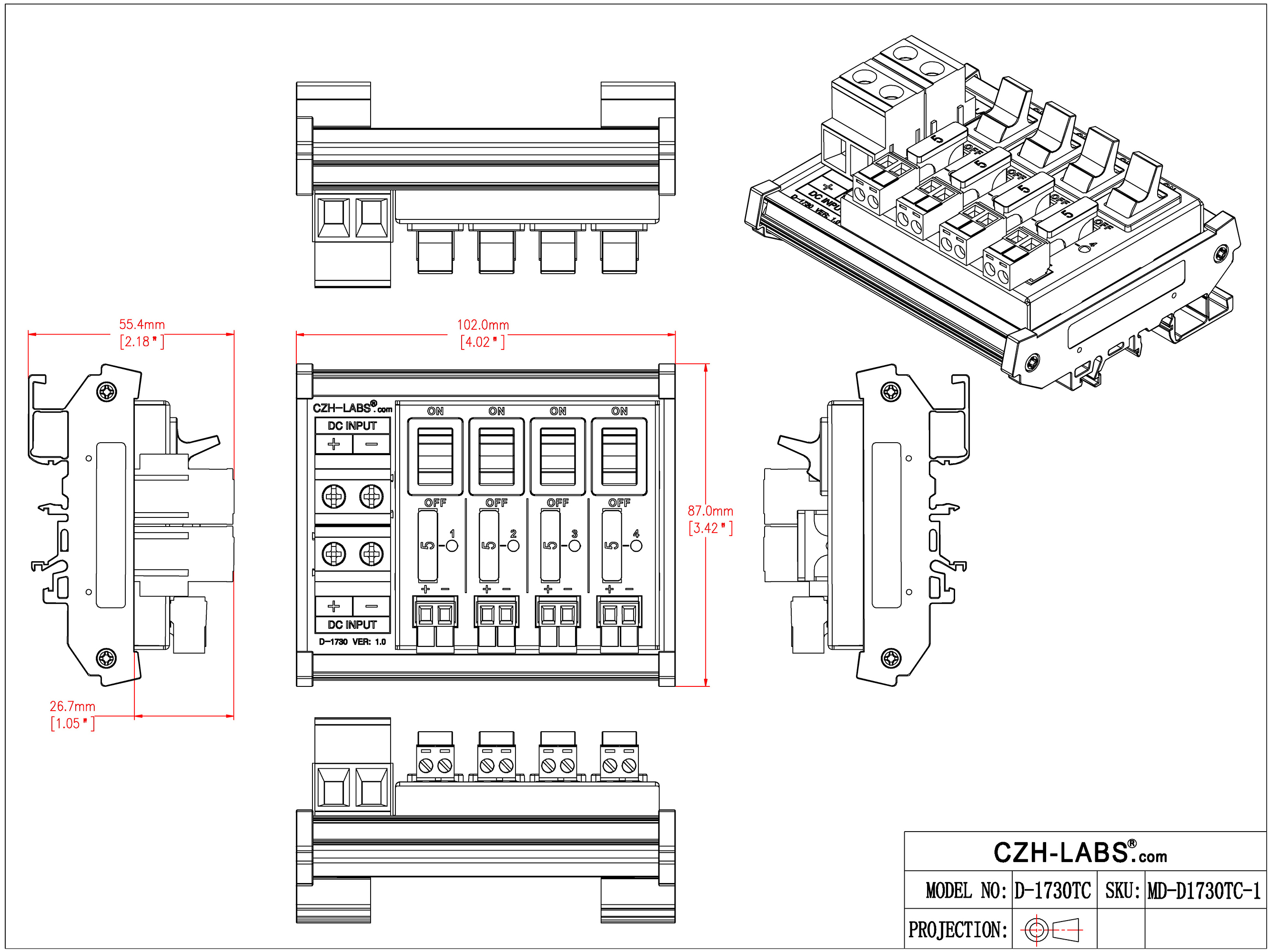 DC Power Distribution Module, 52Amp 4 Channel, Paddle Switch, Fused, Pluggable Top Wiring Terminal Block, DIN Rail and Screw Mount