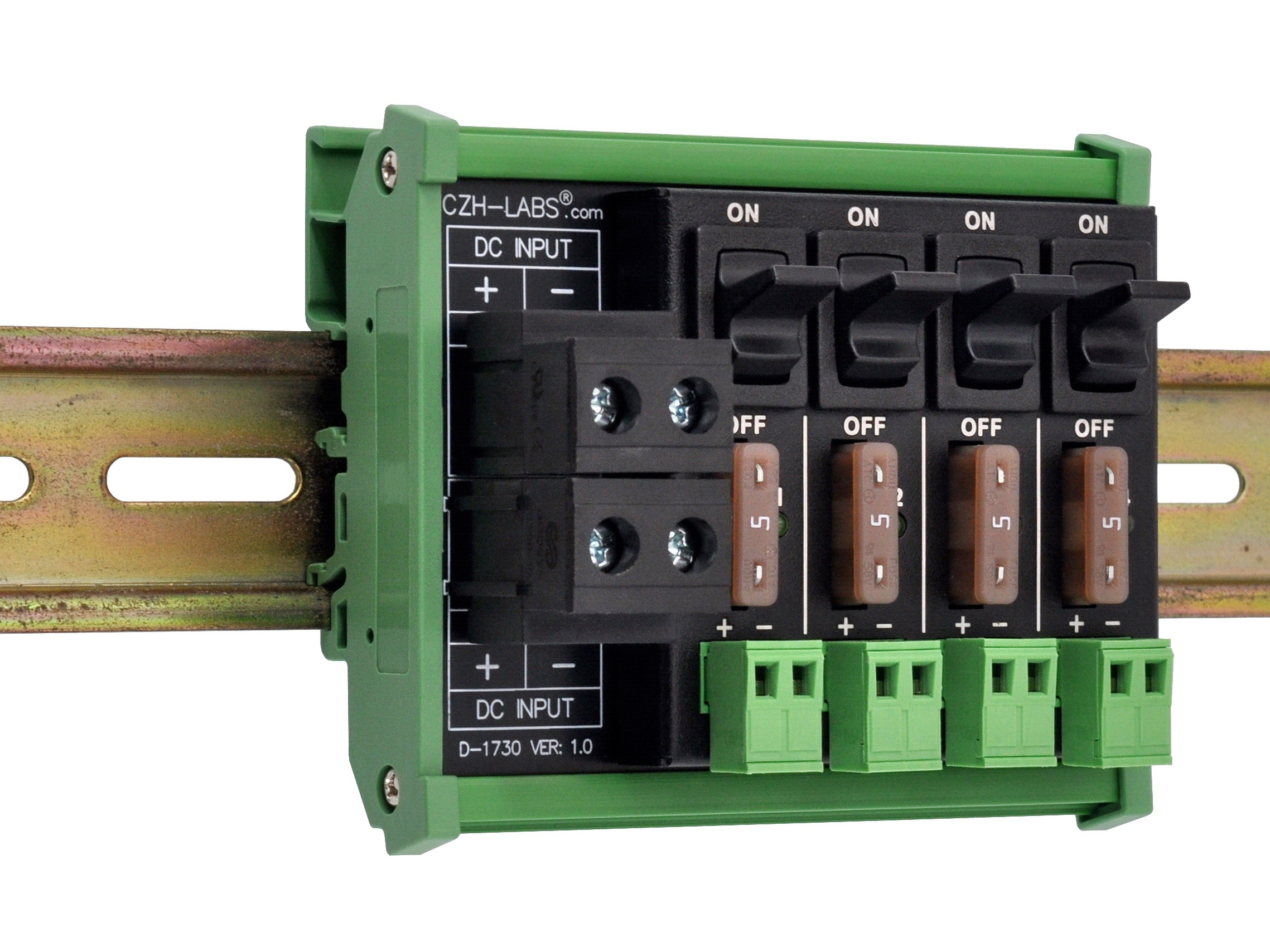 DC Power Distribution Module, 52Amp 4 Channel, Paddle Switch, Fused, Pluggable Top Wiring Terminal Block, DIN Rail and Screw Mount