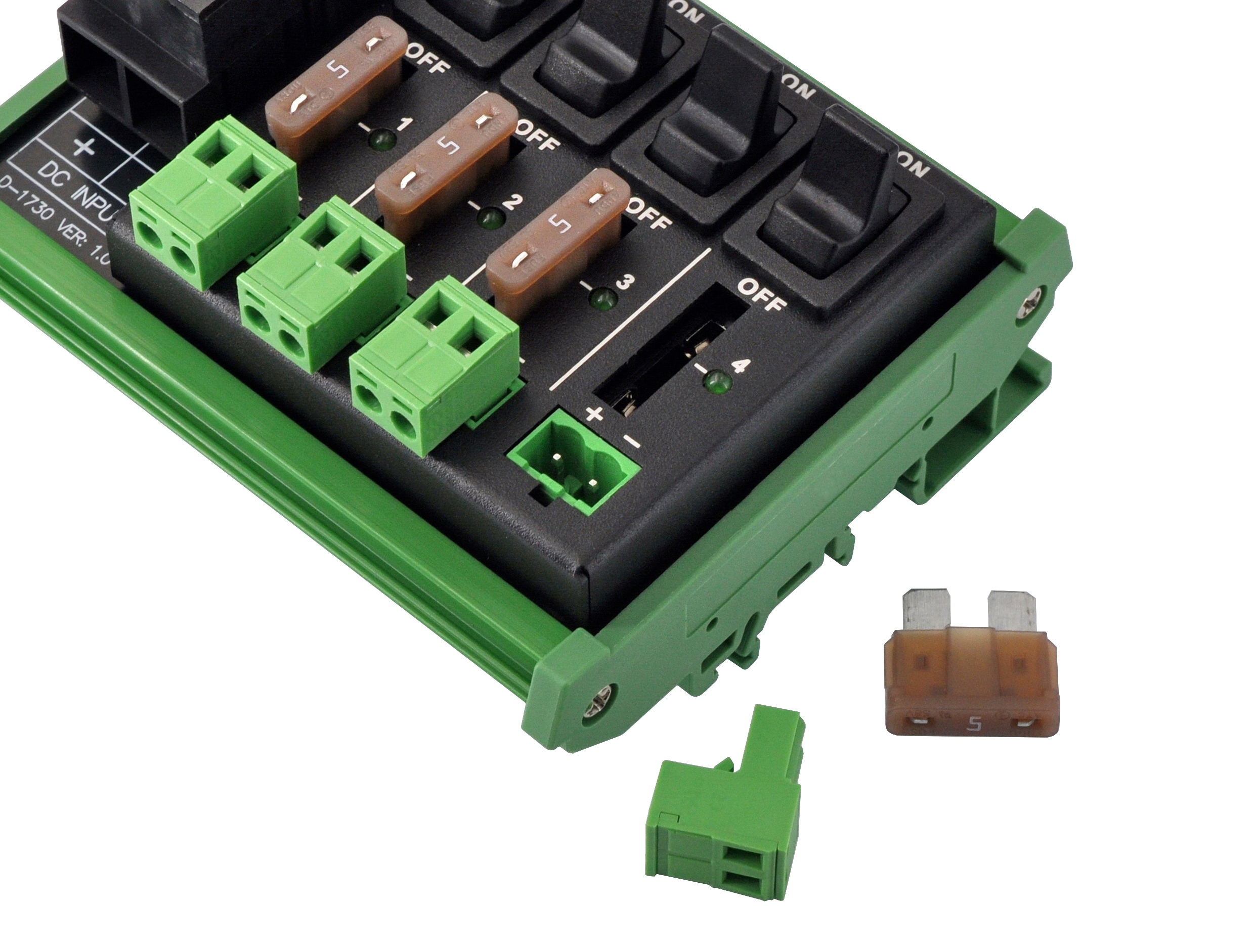 DC Power Distribution Module, 52Amp 4 Channel, Paddle Switch, Fused, Pluggable Top Wiring Terminal Block, DIN Rail and Screw Mount