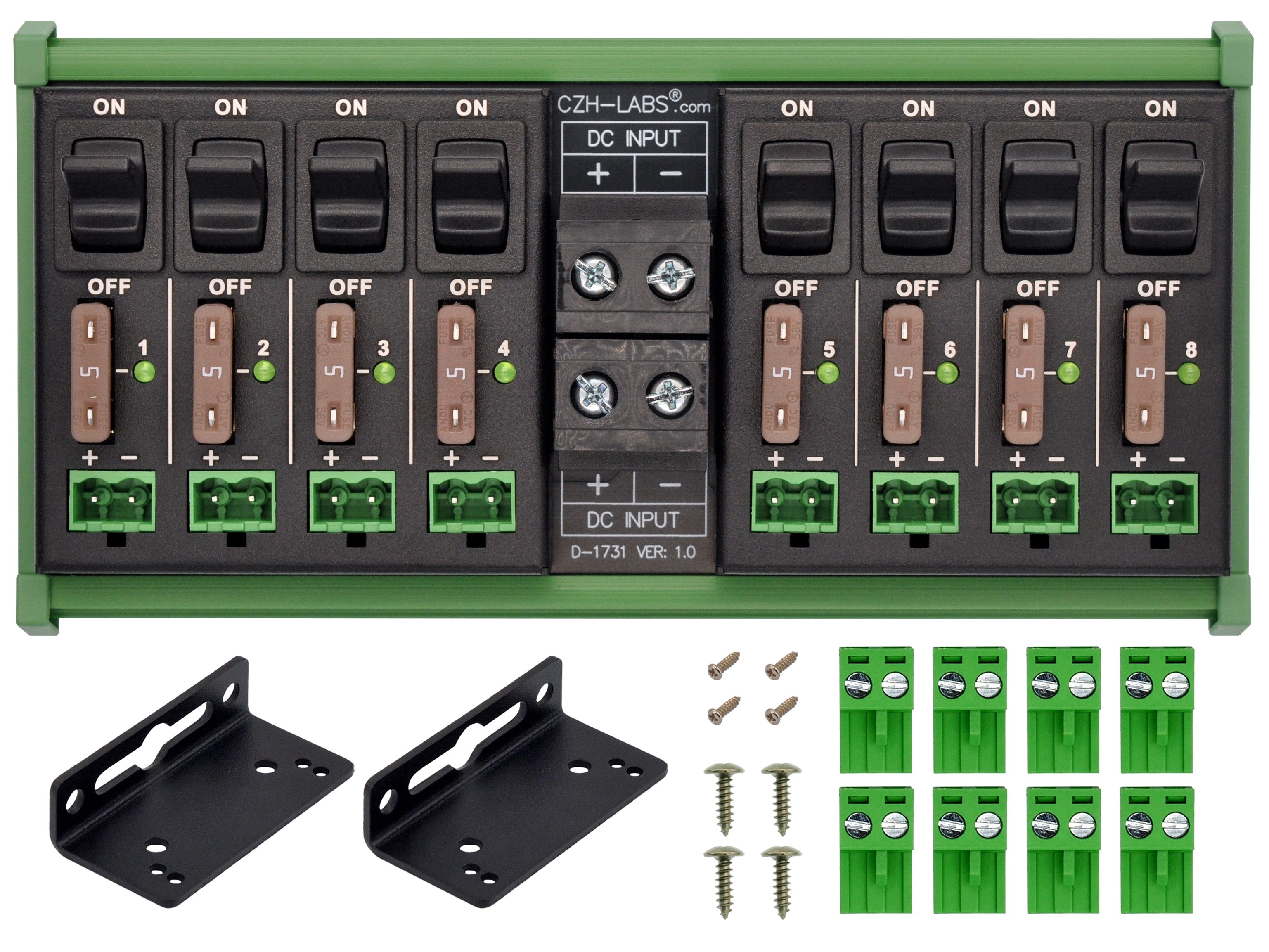DC Power Distribution Module, 52Amp 8 Channel, Paddle Switch, Fused, Pluggable Top Wiring Terminal Block, DIN Rail and Screw Mount