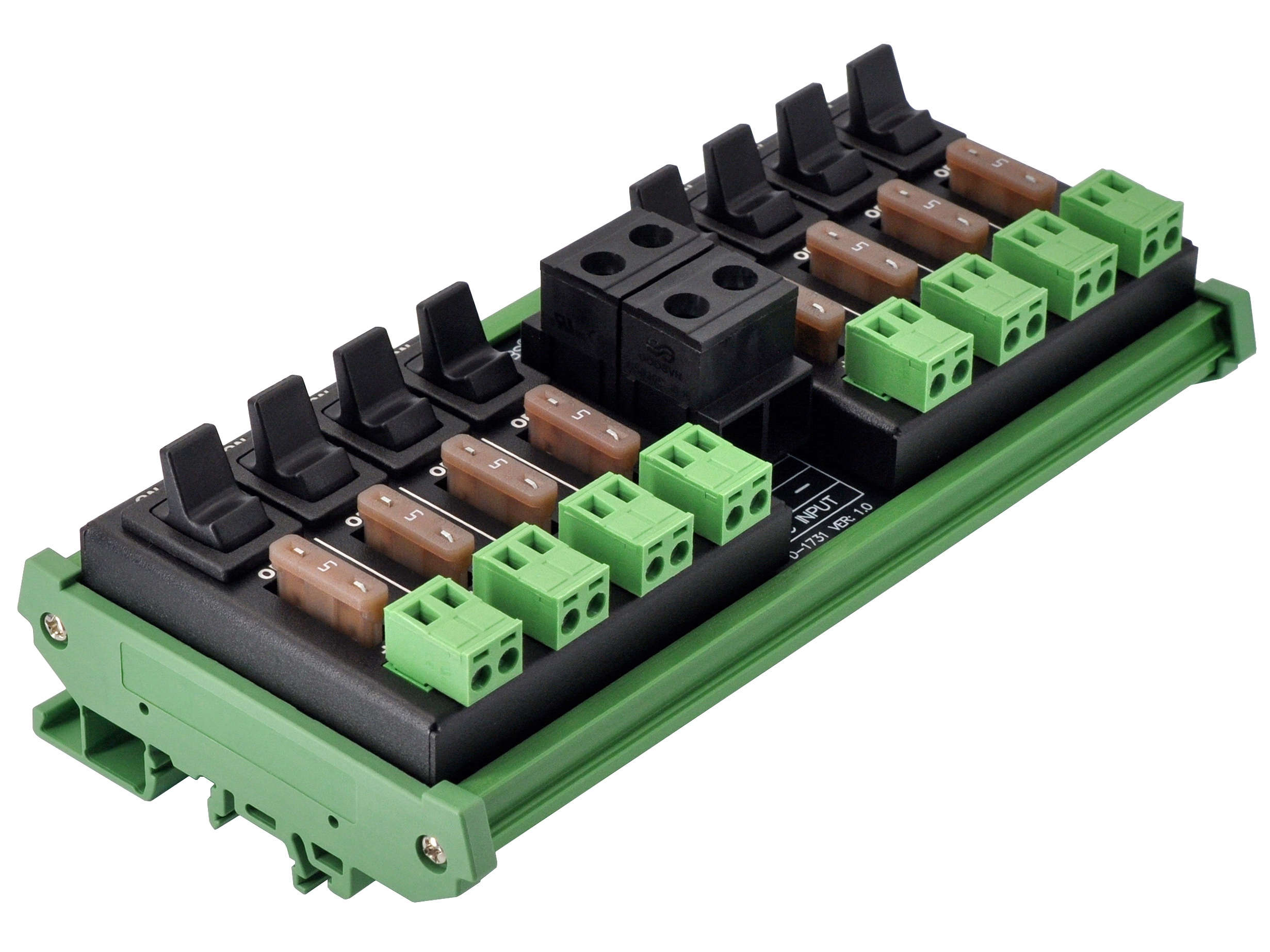 DC Power Distribution Module, 52Amp 8 Channel, Paddle Switch, Fused, Pluggable Top Wiring Terminal Block, DIN Rail and Screw Mount
