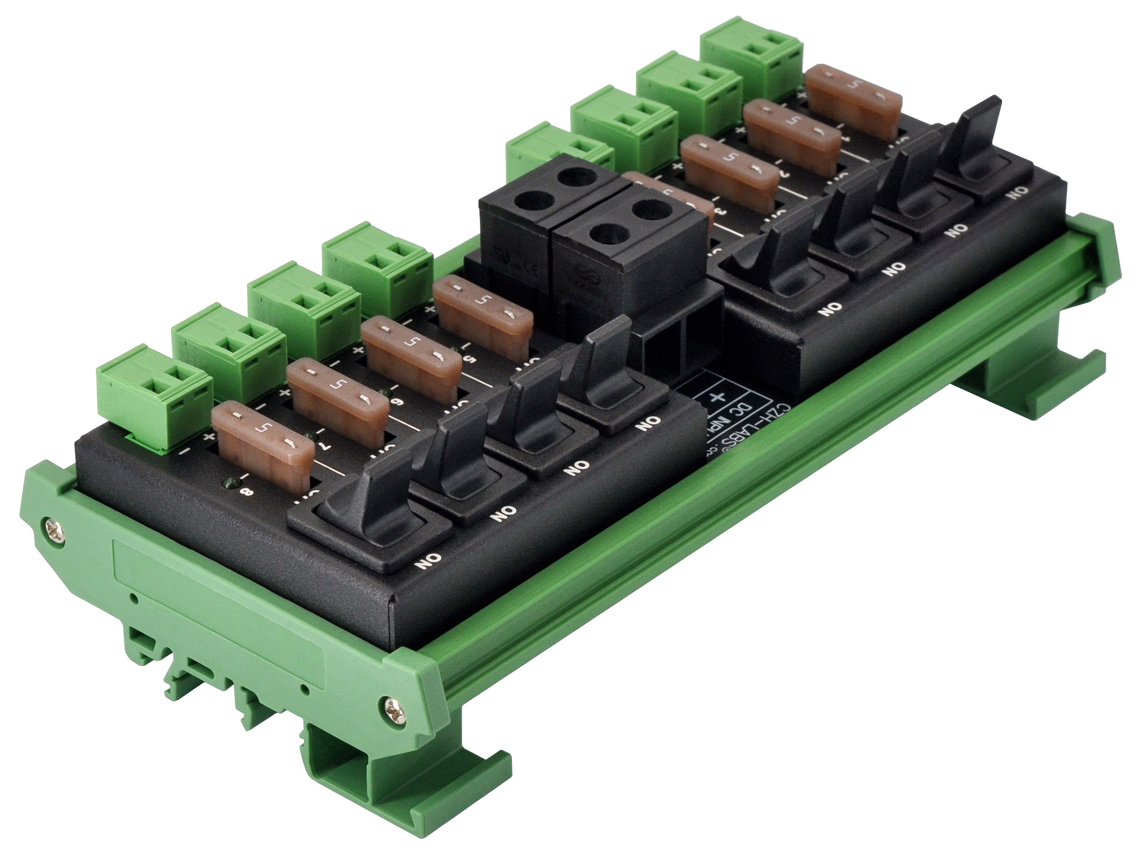 DC Power Distribution Module, 52Amp 8 Channel, Paddle Switch, Fused, Pluggable Top Wiring Terminal Block, DIN Rail and Screw Mount
