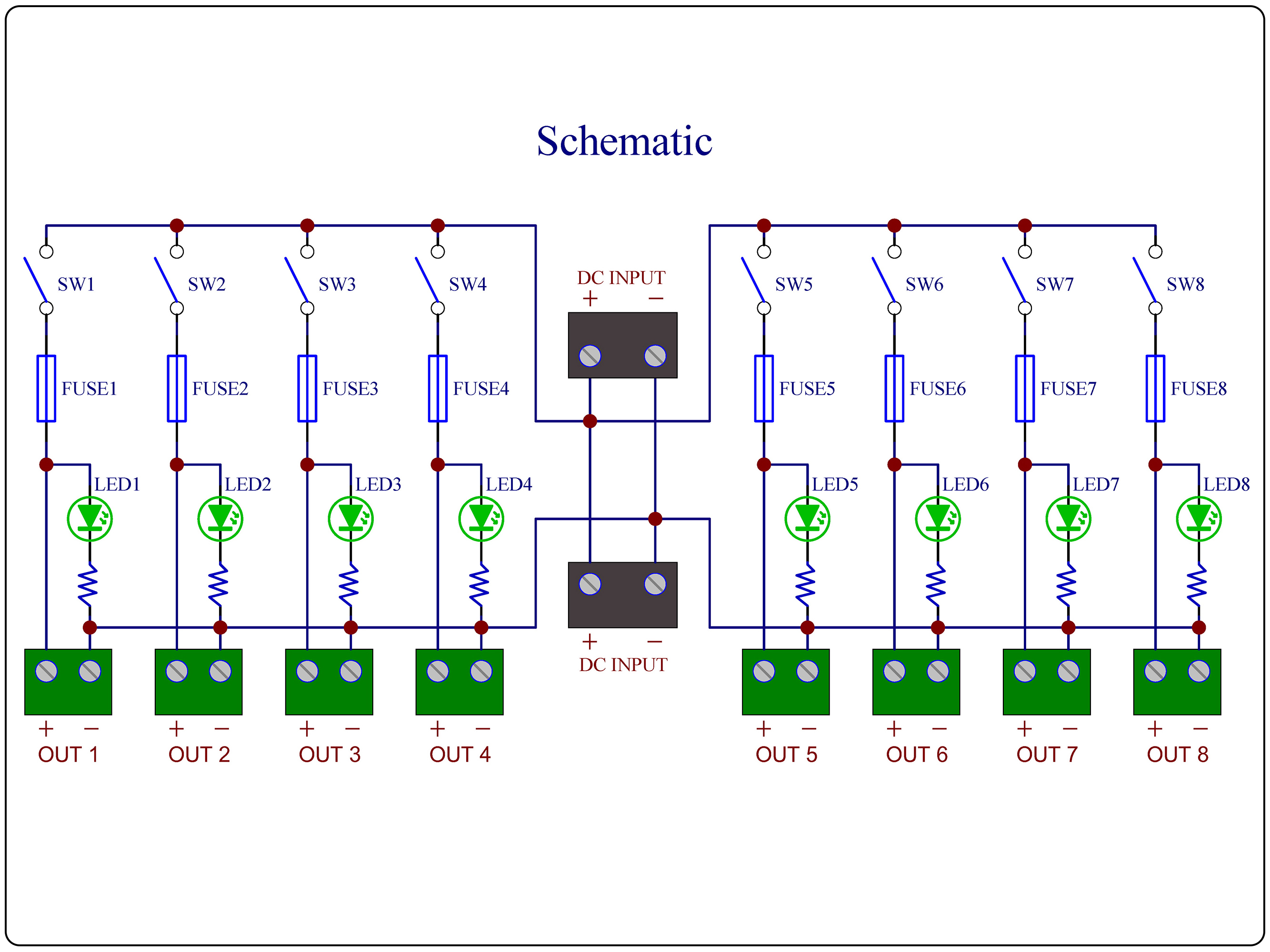 DC Power Distribution Module, 52Amp 8 Channel, Paddle Switch, Fused, Pluggable Top Wiring Terminal Block, DIN Rail and Screw Mount