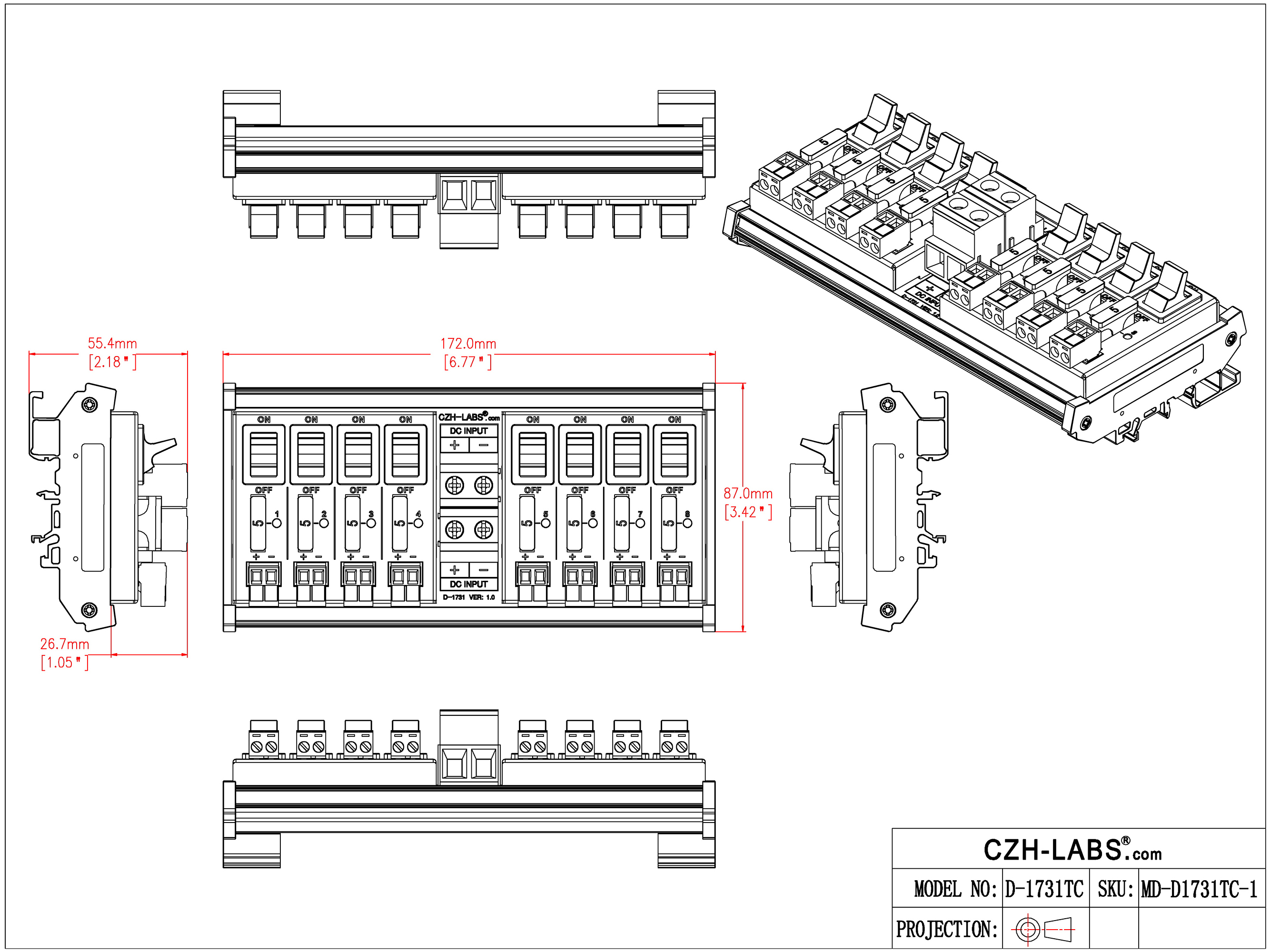 DC Power Distribution Module, 52Amp 8 Channel, Paddle Switch, Fused, Pluggable Top Wiring Terminal Block, DIN Rail and Screw Mount