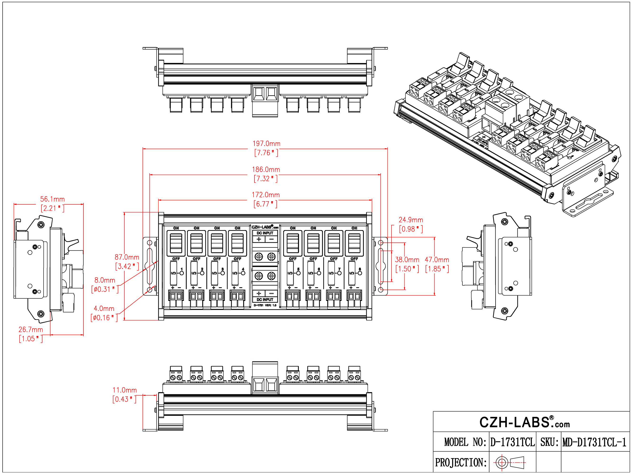 DC Power Distribution Module, 52Amp 8 Channel, Paddle Switch, Fused, Pluggable Top Wiring Terminal Block, DIN Rail and Screw Mount