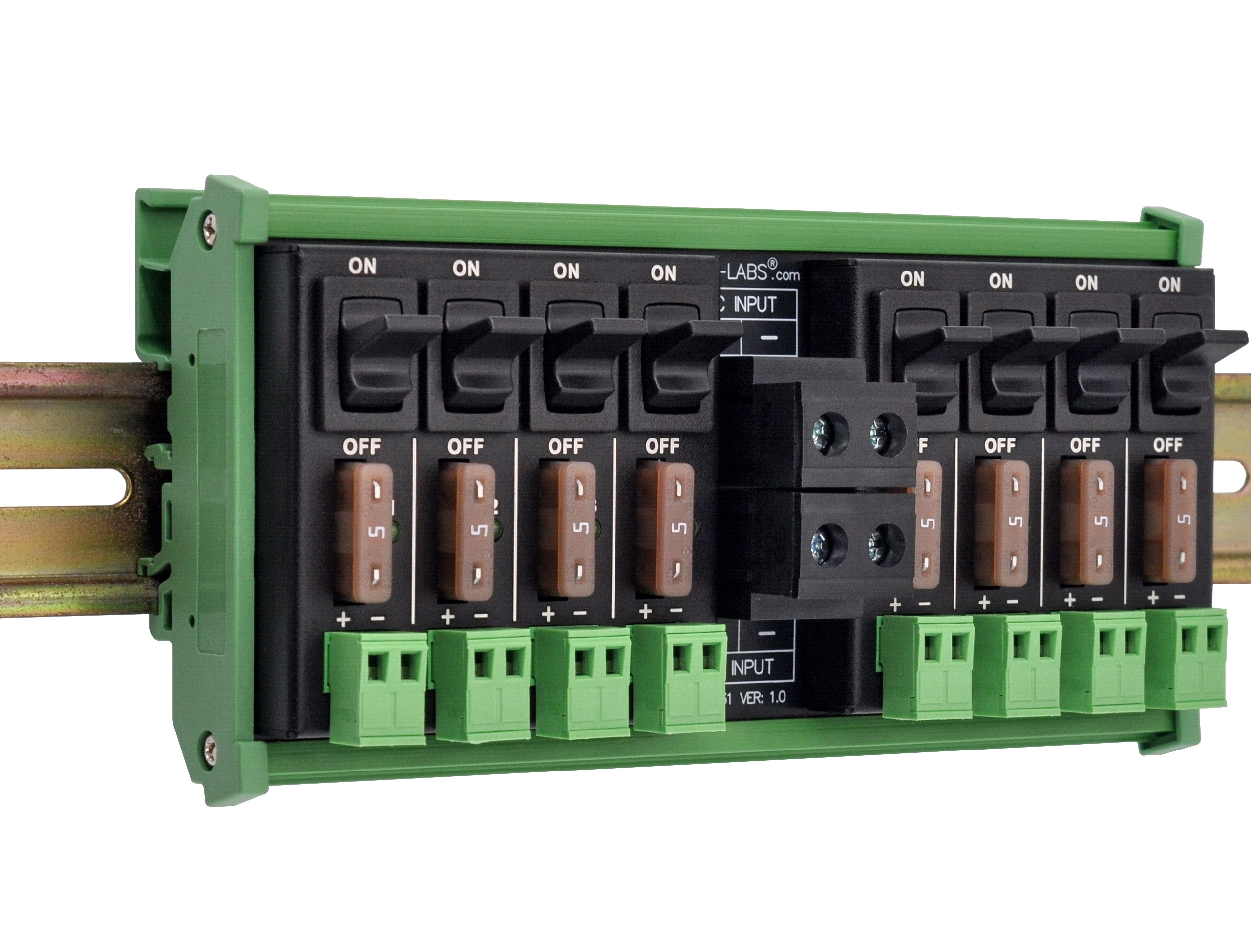 DC Power Distribution Module, 52Amp 8 Channel, Paddle Switch, Fused, Pluggable Top Wiring Terminal Block, DIN Rail and Screw Mount