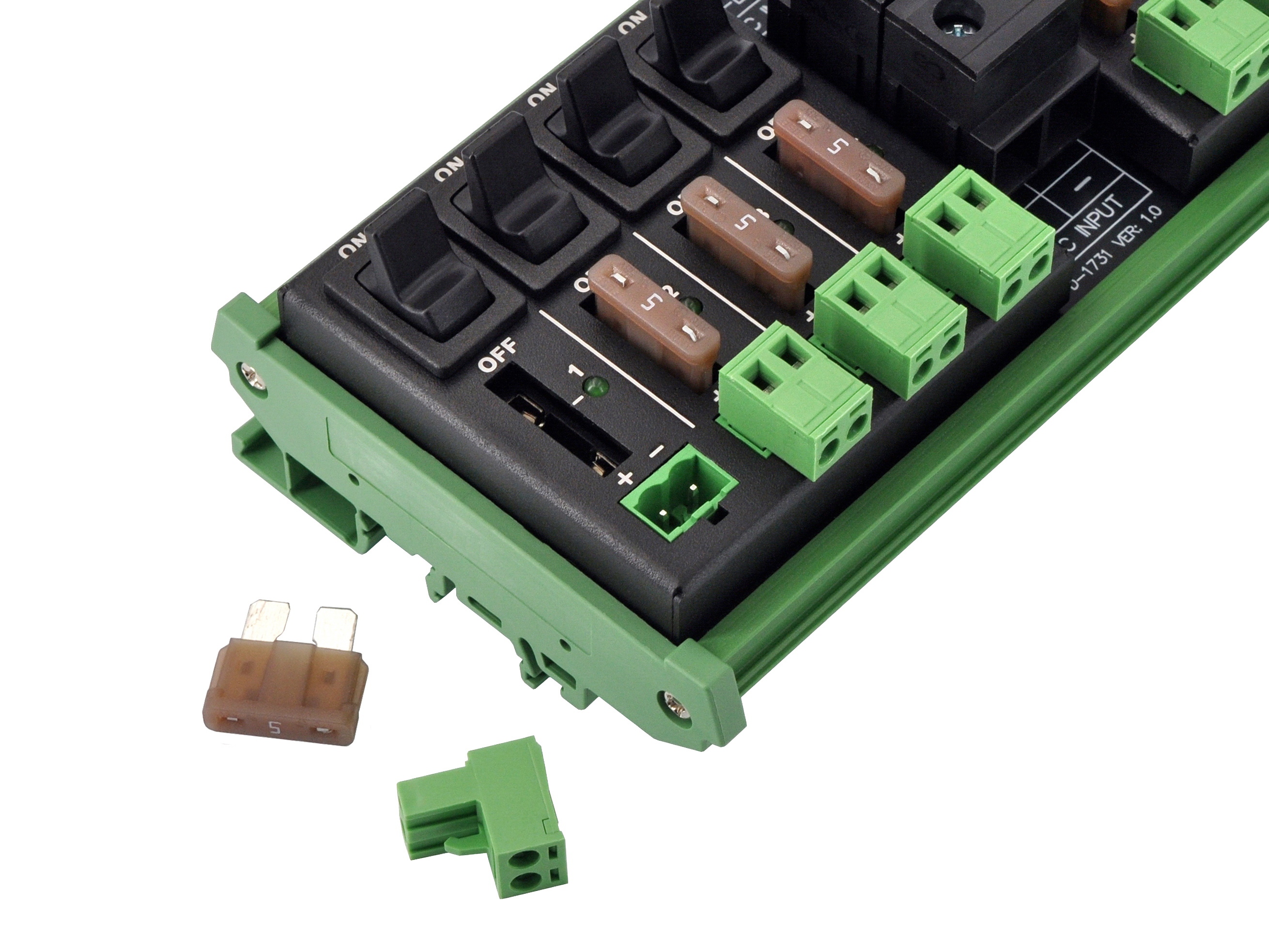 DC Power Distribution Module, 52Amp 8 Channel, Paddle Switch, Fused, Pluggable Top Wiring Terminal Block, DIN Rail and Screw Mount