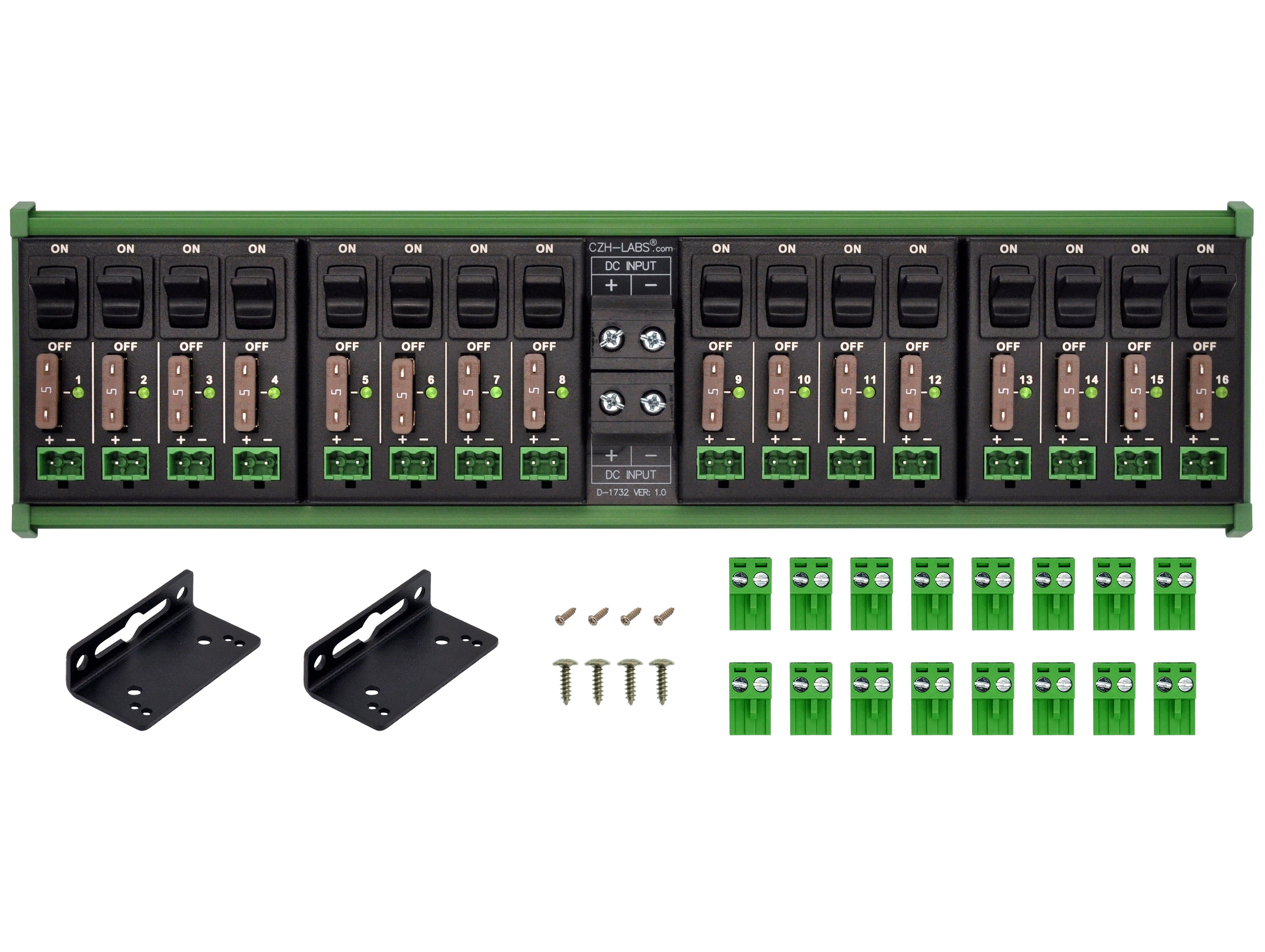 DC Power Distribution Module, 52Amp 16 Channel, Paddle Switch, Fused, Pluggable Top Wiring Terminal Block, DIN Rail and Screw Mount