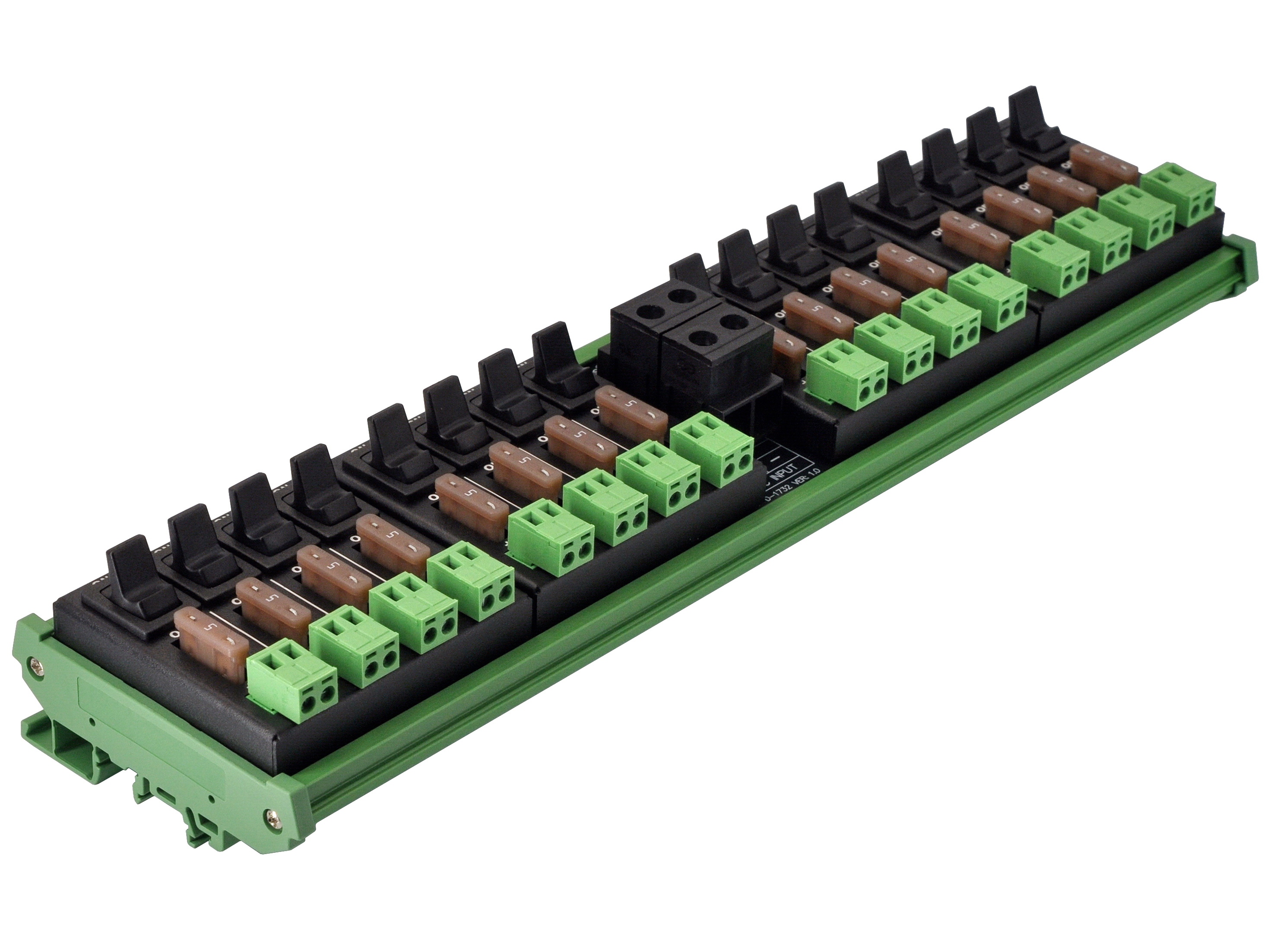 DC Power Distribution Module, 52Amp 16 Channel, Paddle Switch, Fused, Pluggable Top Wiring Terminal Block, DIN Rail and Screw Mount
