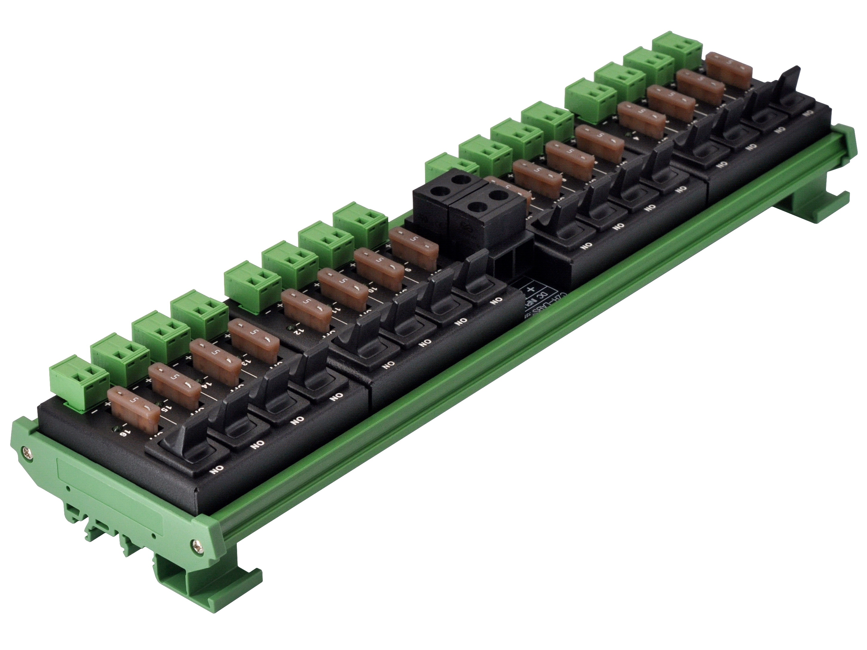 DC Power Distribution Module, 52Amp 16 Channel, Paddle Switch, Fused, Pluggable Top Wiring Terminal Block, DIN Rail and Screw Mount