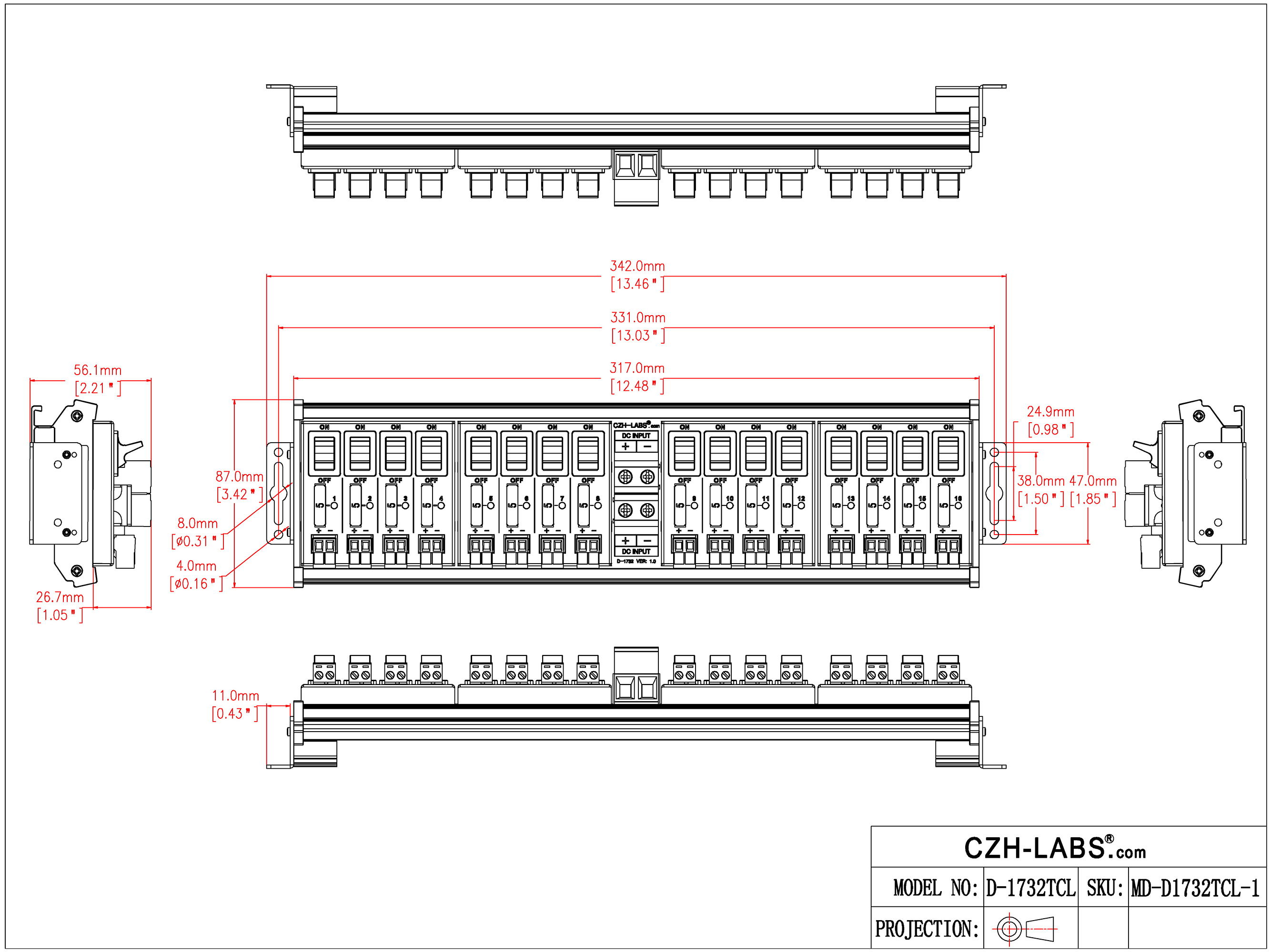 DC Power Distribution Module, 52Amp 16 Channel, Paddle Switch, Fused, Pluggable Top Wiring Terminal Block, DIN Rail and Screw Mount