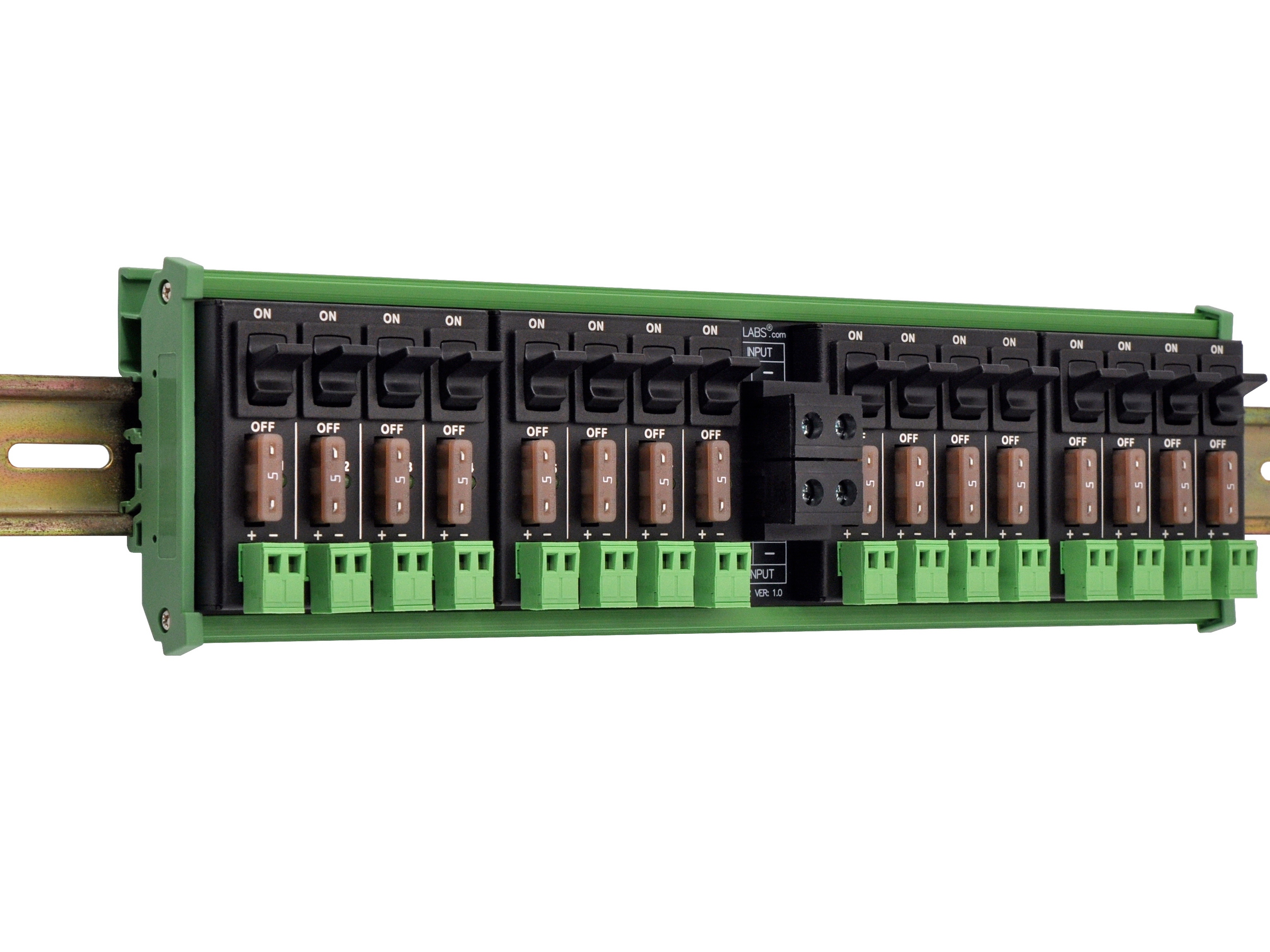 DC Power Distribution Module, 52Amp 16 Channel, Paddle Switch, Fused, Pluggable Top Wiring Terminal Block, DIN Rail and Screw Mount