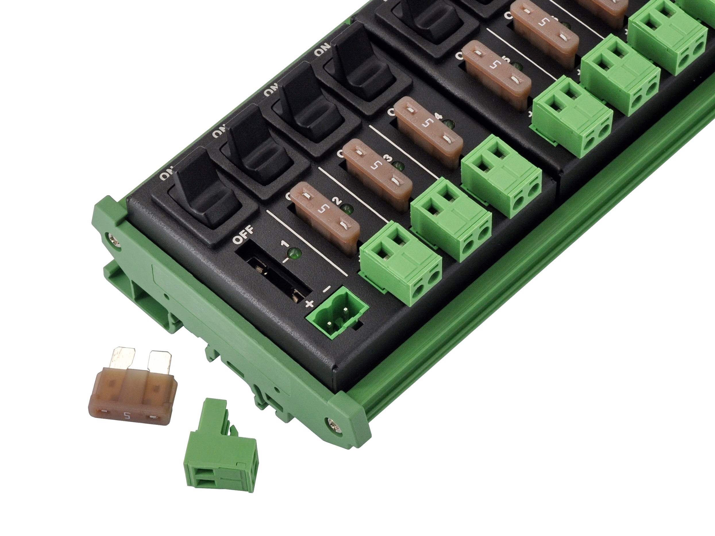 DC Power Distribution Module, 52Amp 16 Channel, Paddle Switch, Fused, Pluggable Top Wiring Terminal Block, DIN Rail and Screw Mount