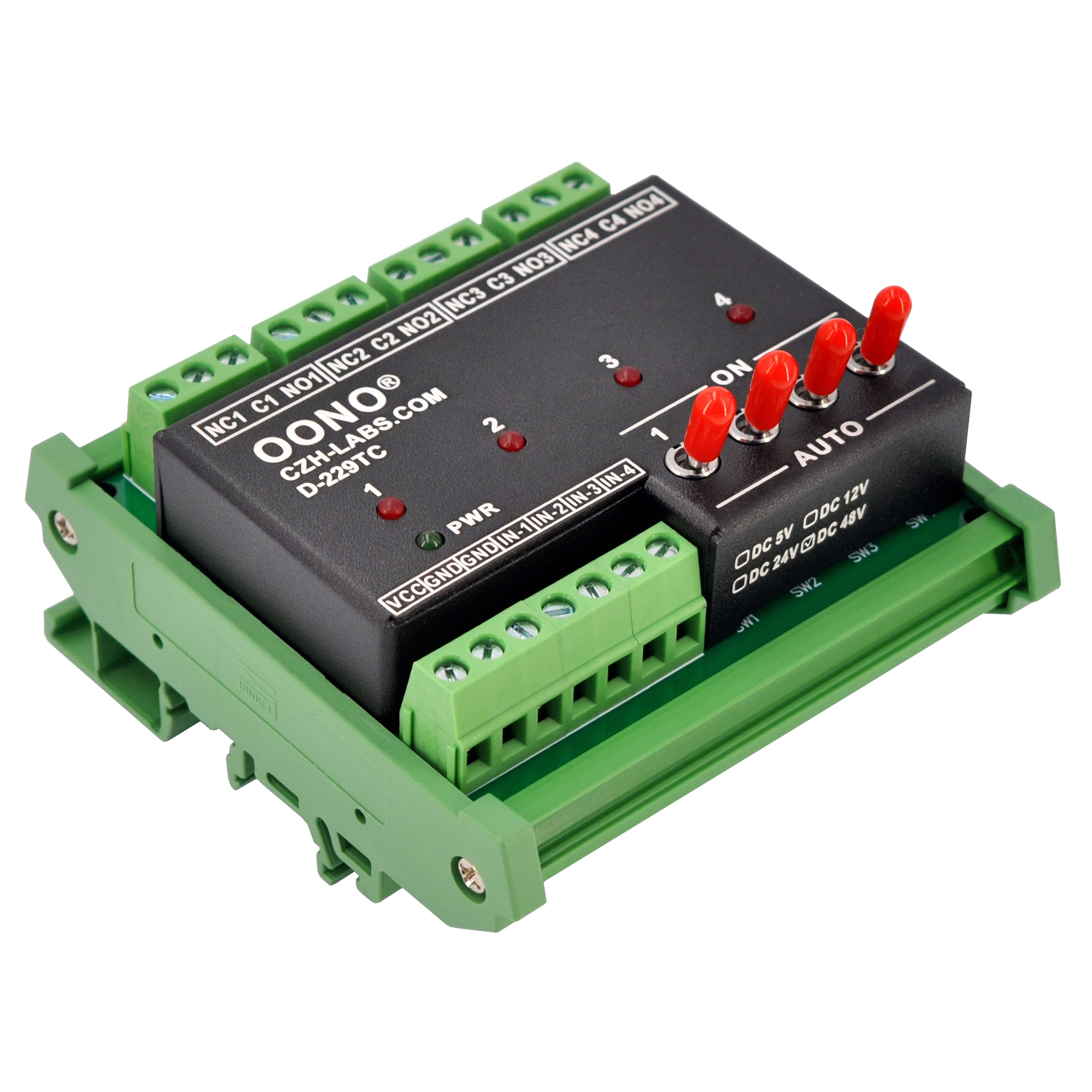 DC48V 4 Channel SPDT 10 Amp Power Relay Module, DIN Rail Mount, with Direct Control Switches