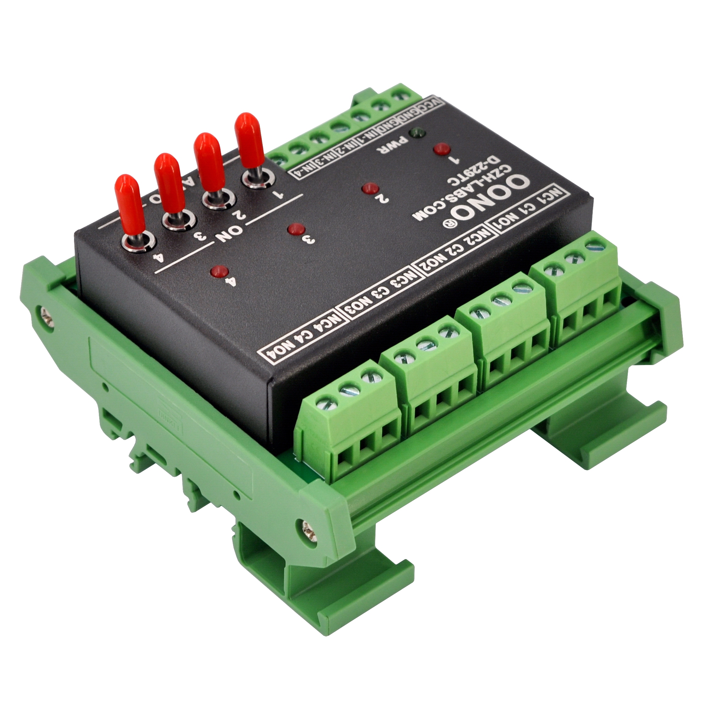 DC5V 4 Channel SPDT 10 Amp Power Relay Module, DIN Rail Mount, with Direct Control Switches