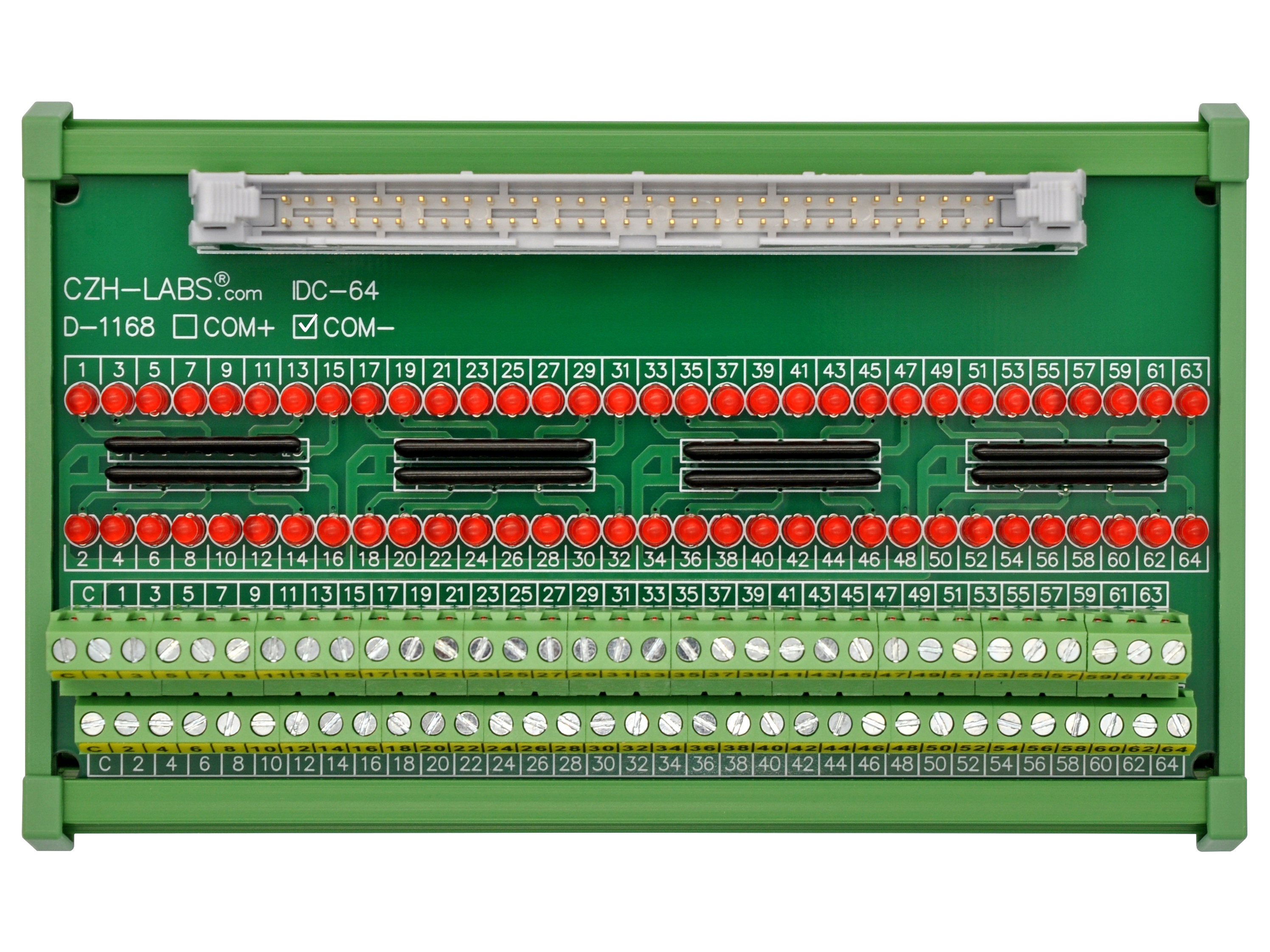 IDC64 Interface Module, COM- with LEDs For Circuit Indication, DIN41651 Flat Ribbon Cable Breakout Board, DIN Rail Mount
