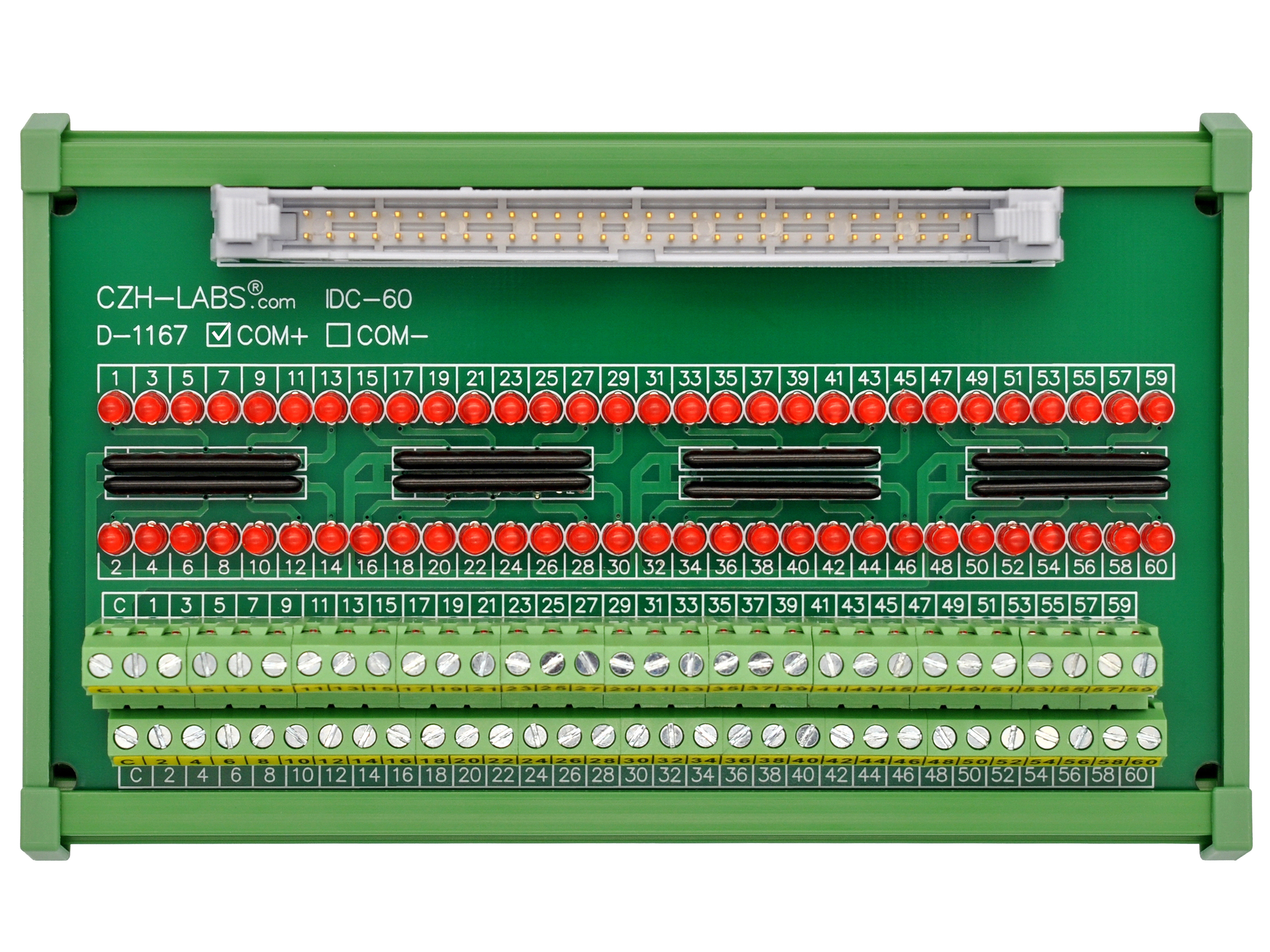 IDC60 Interface Module, COM+ with LEDs For Circuit Indication, DIN41651 Flat Ribbon Cable Breakout Board, DIN Rail Mount