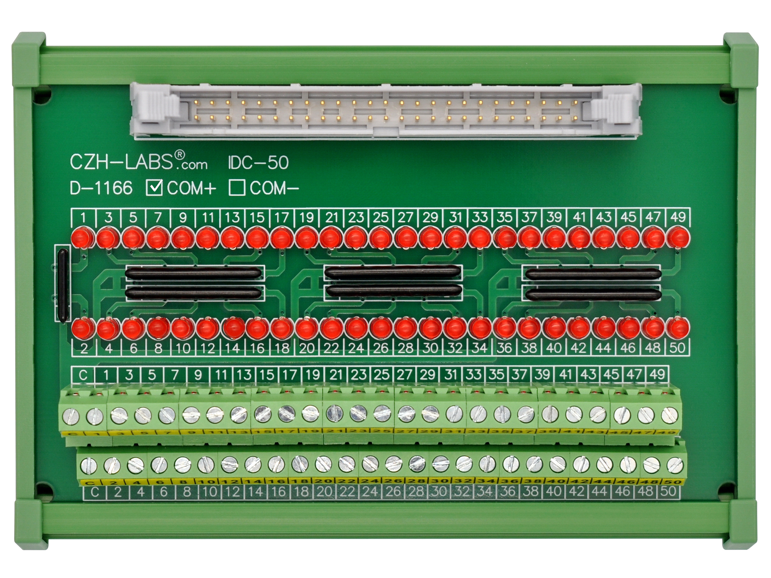 IDC50 Interface Module, COM+ with LEDs For Circuit Indication, DIN41651 Flat Ribbon Cable Breakout Board, DIN Rail Mount
