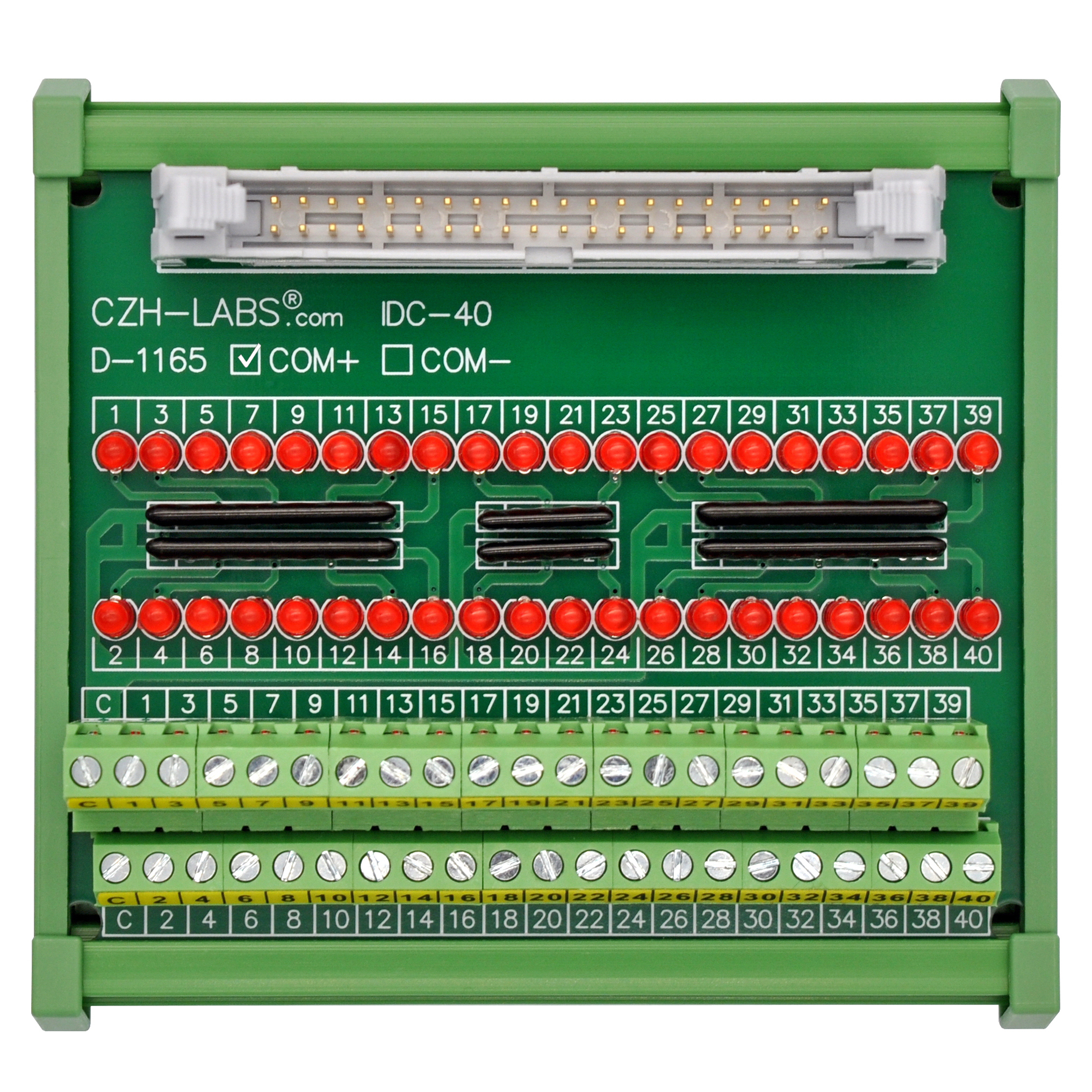 IDC40 Interface Module, COM+ with LEDs For Circuit Indication, DIN41651 Flat Ribbon Cable Breakout Board, DIN Rail Mount