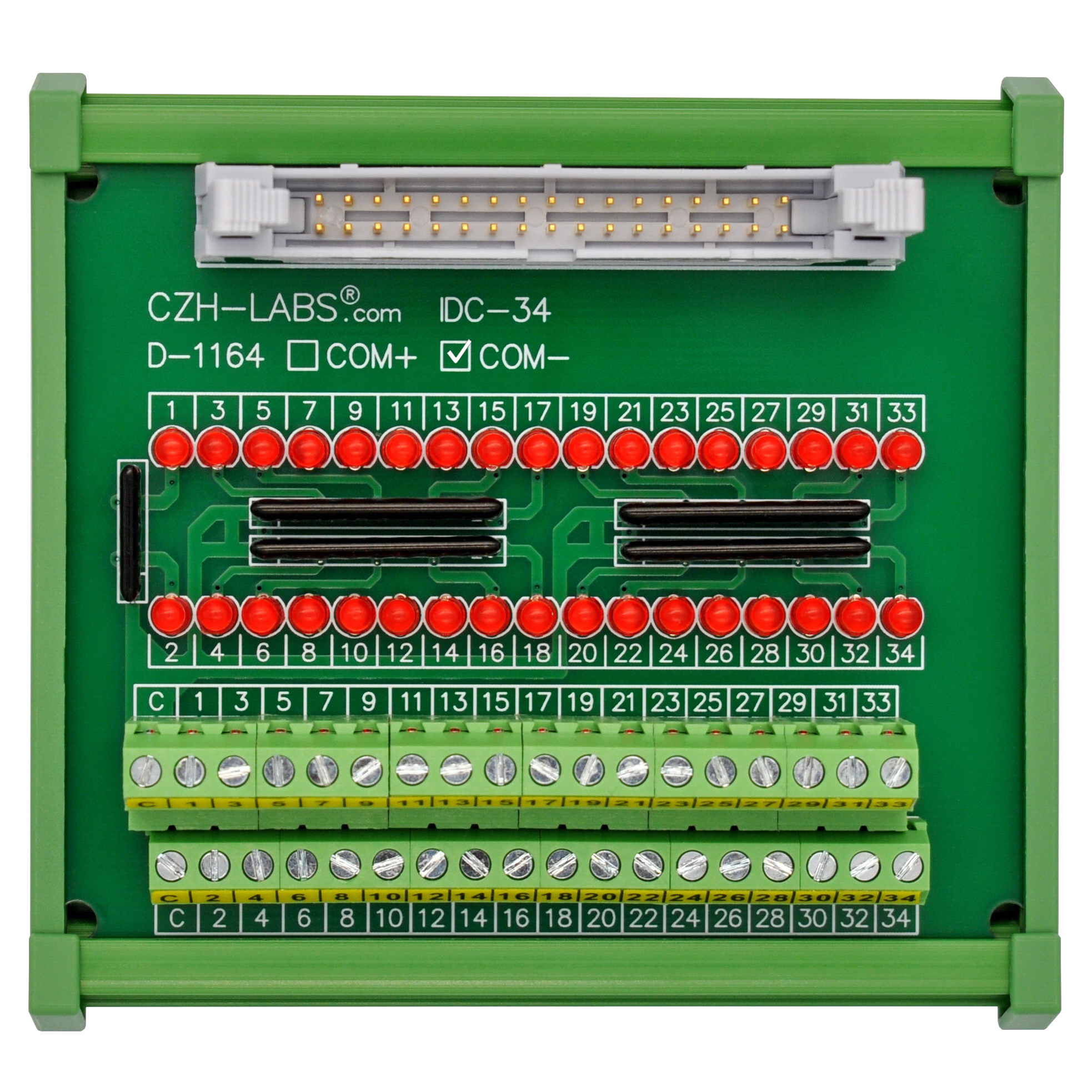 IDC34 Interface Module, COM- with LEDs For Circuit Indication, DIN41651 Flat Ribbon Cable Breakout Board, DIN Rail Mount