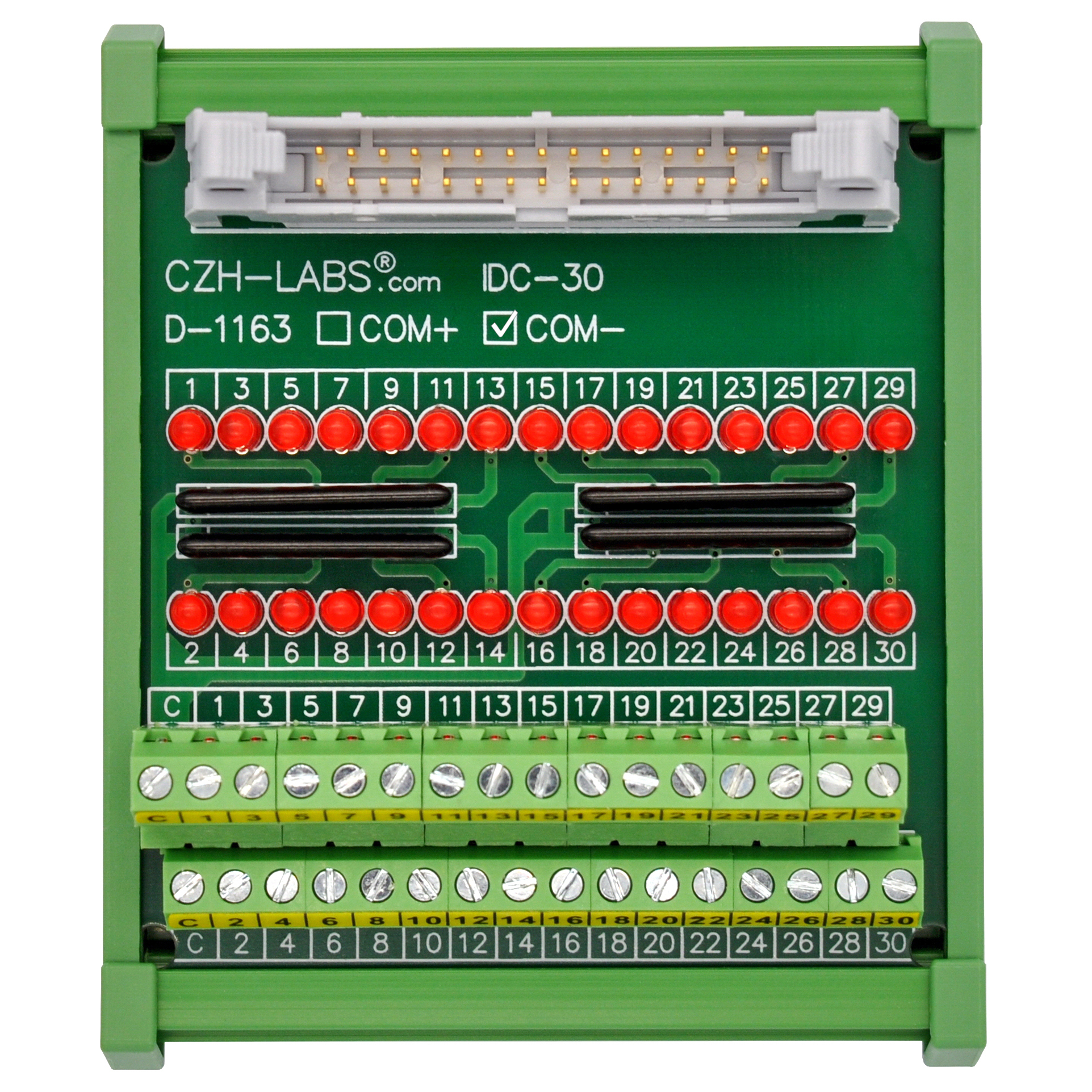 IDC30 Interface Module, COM- with LEDs For Circuit Indication, DIN41651 Flat Ribbon Cable Breakout Board, DIN Rail Mount