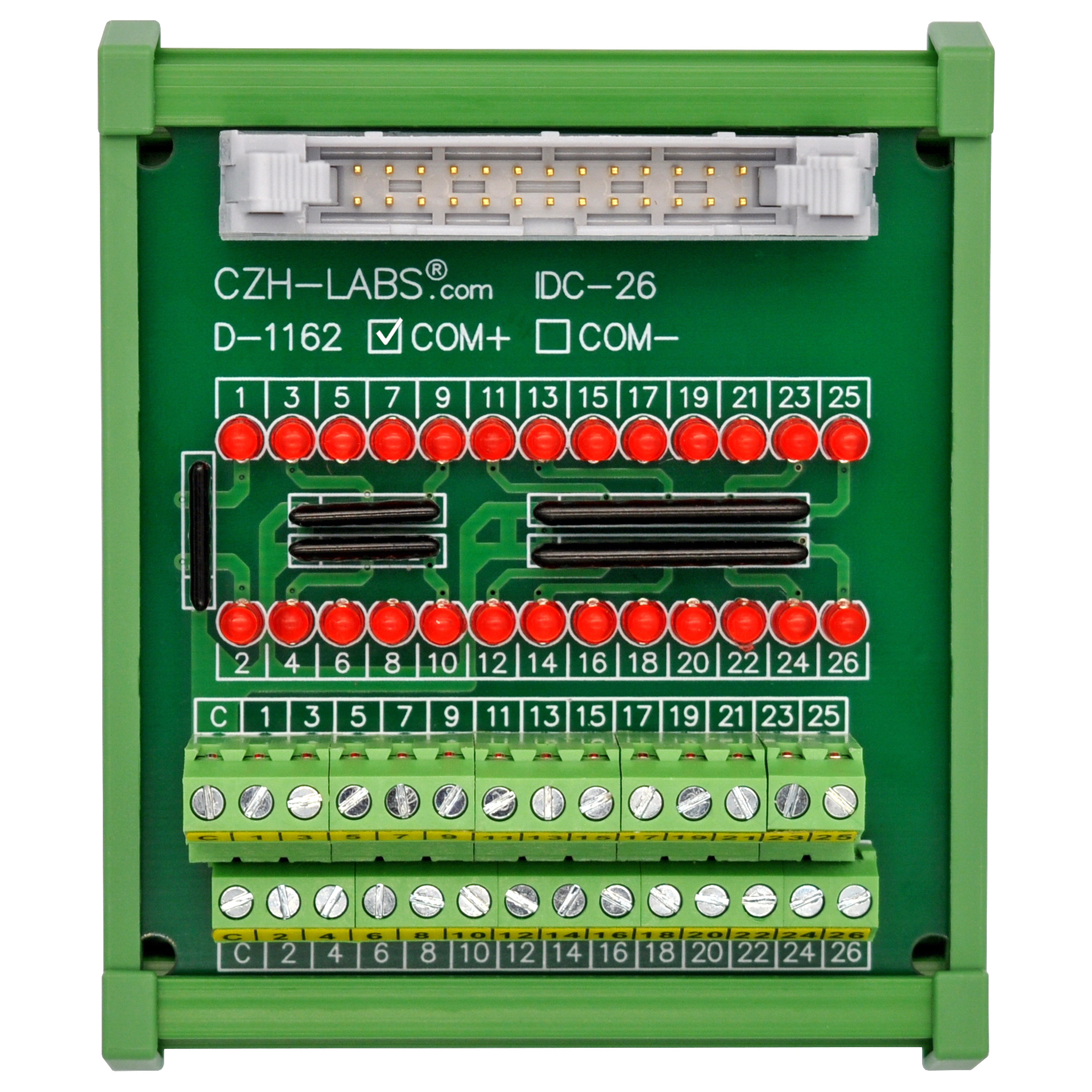 IDC26 Interface Module, COM+ with LEDs For Circuit Indication, DIN41651 Flat Ribbon Cable Breakout Board, DIN Rail Mount