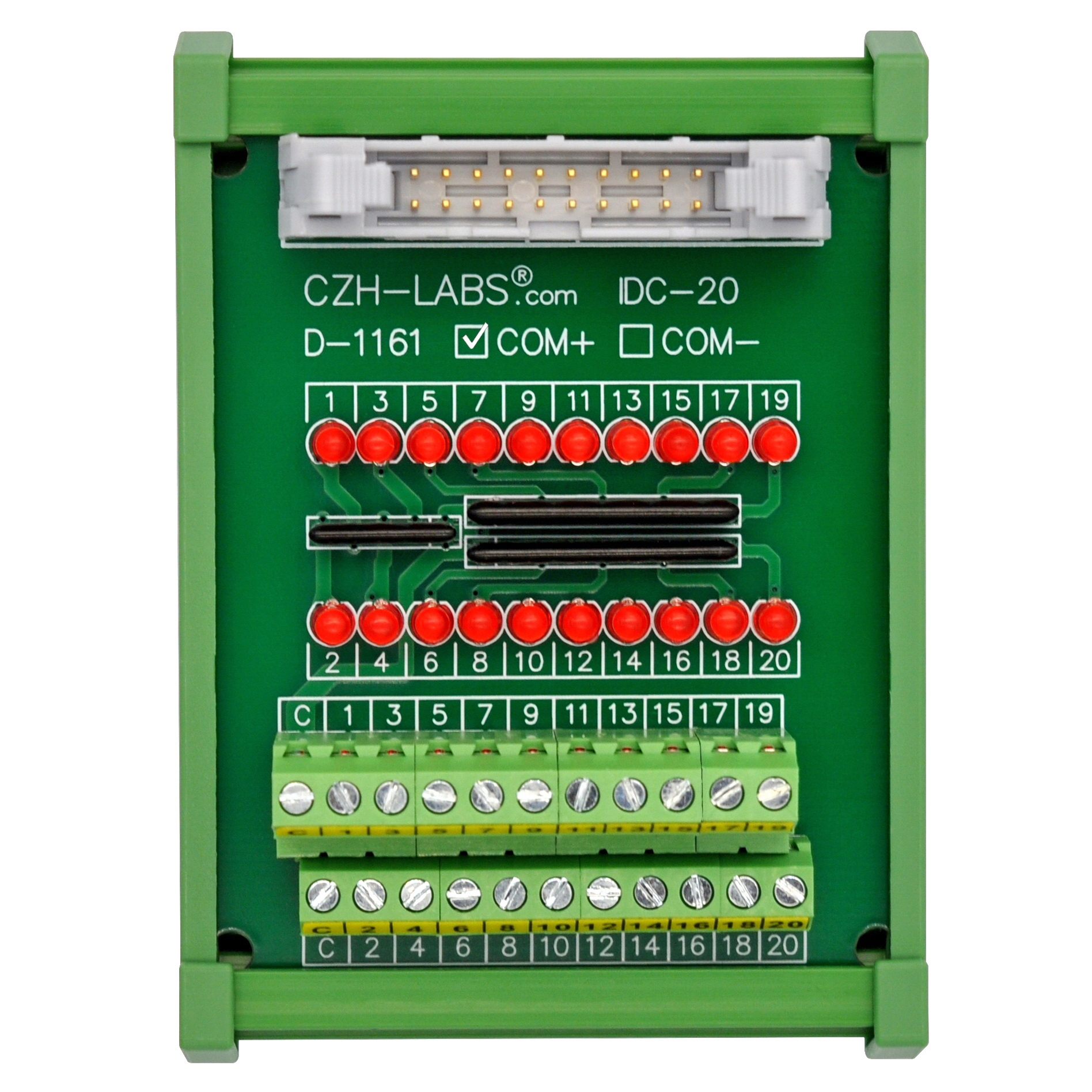 IDC20 Interface Module, COM+ with LEDs For Circuit Indication, DIN41651 Flat Ribbon Cable Breakout Board, DIN Rail Mount