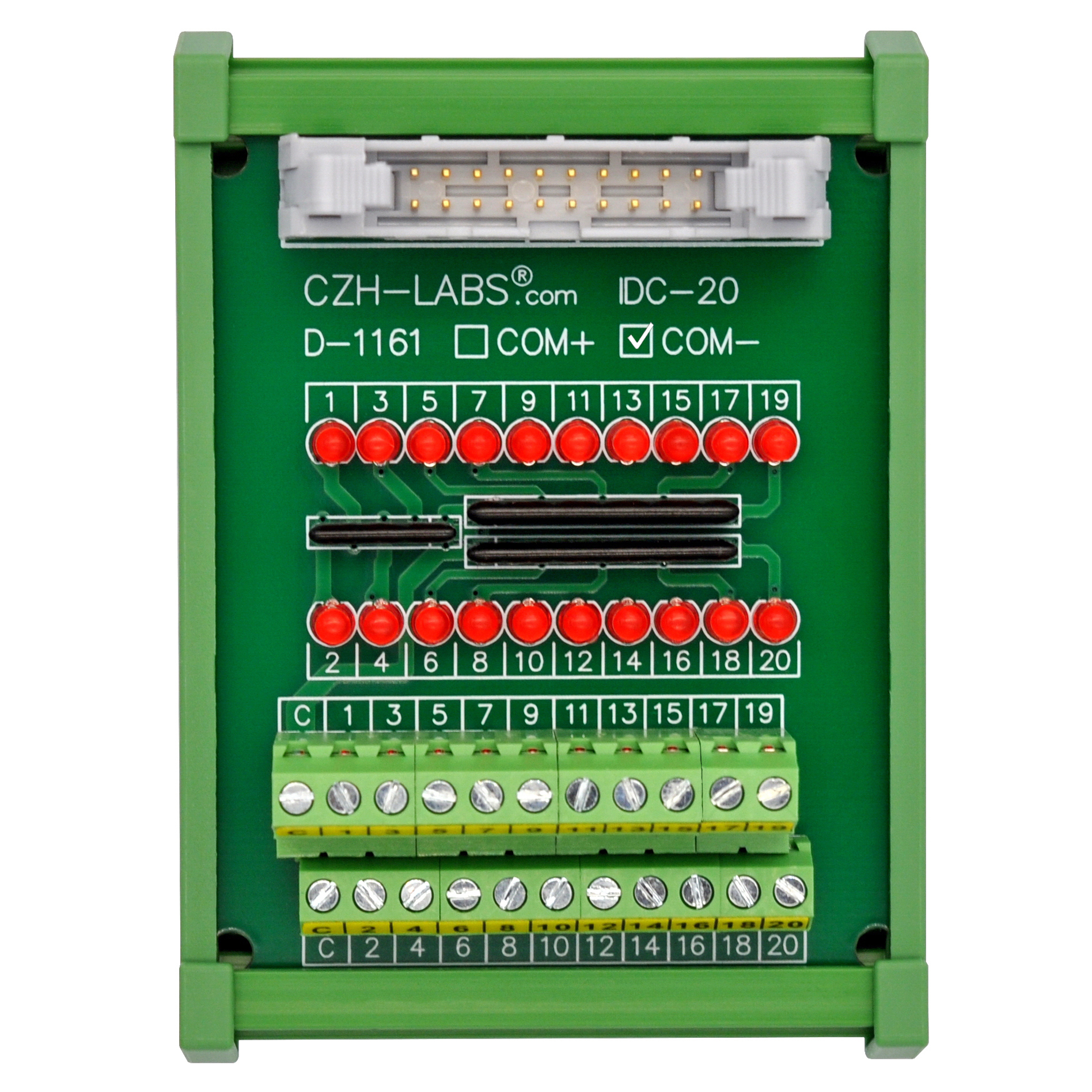IDC20 Interface Module, COM- with LEDs For Circuit Indication, DIN41651 Flat Ribbon Cable Breakout Board, DIN Rail Mount