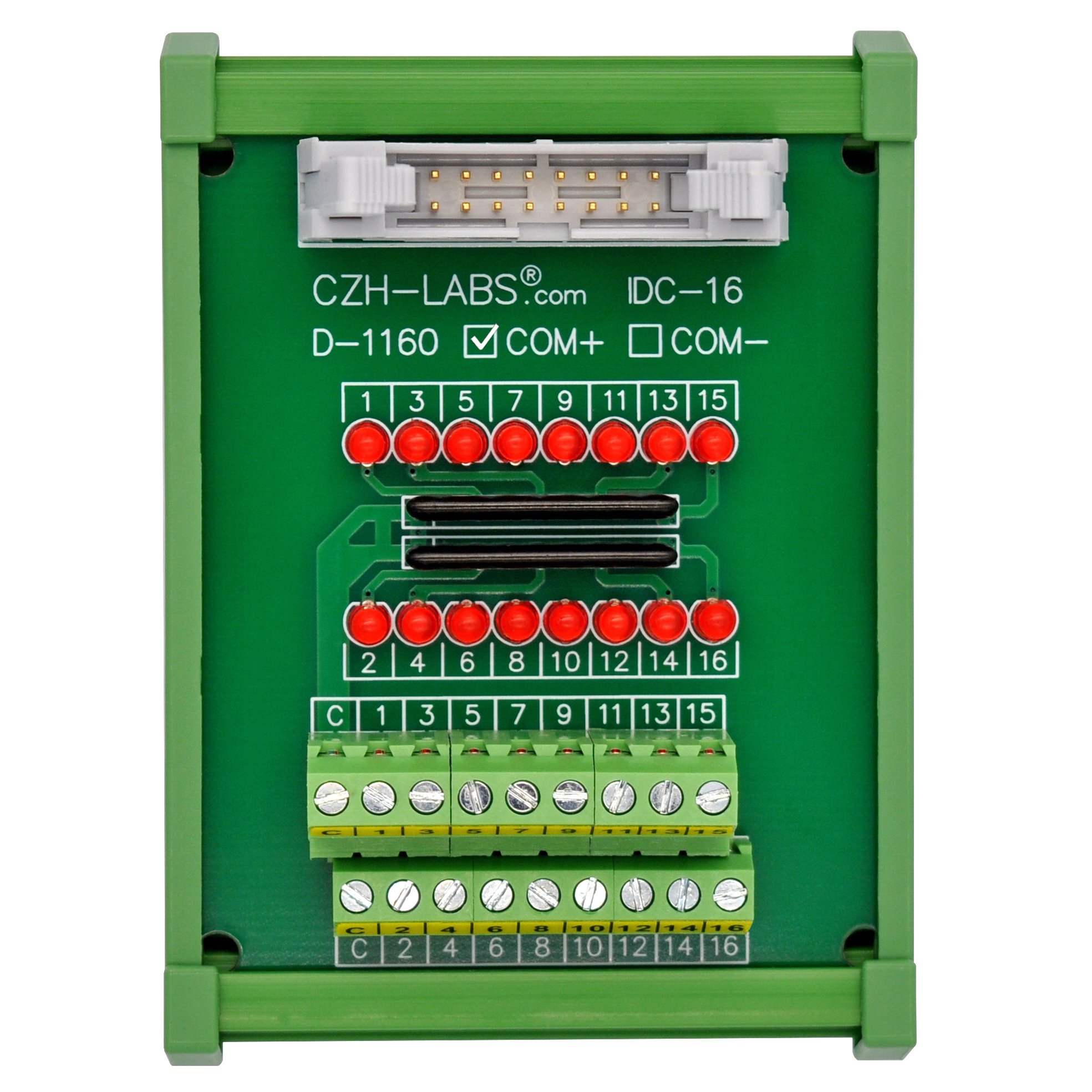 IDC16 Interface Module, COM+ with LEDs For Circuit Indication, DIN41651 Flat Ribbon Cable Breakout Board, DIN Rail Mount