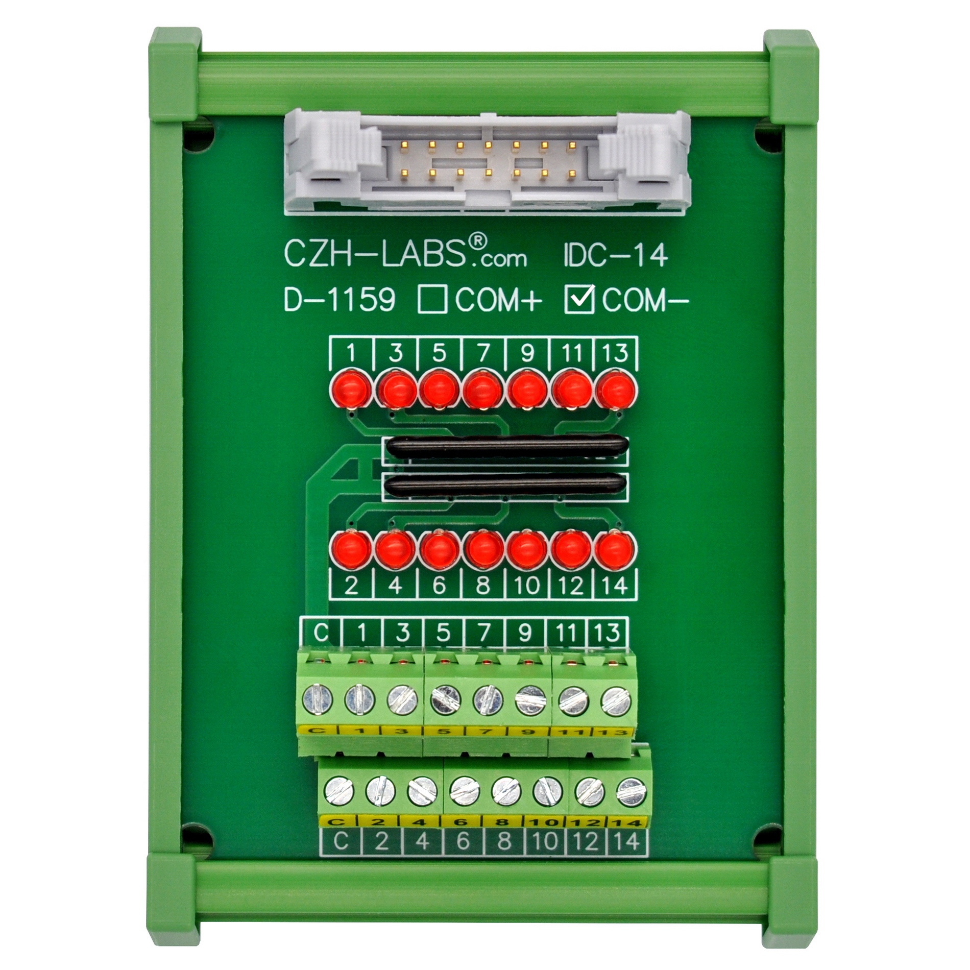 IDC14 Interface Module, COM- with LEDs For Circuit Indication, DIN41651 Flat Ribbon Cable Breakout Board, DIN Rail Mount