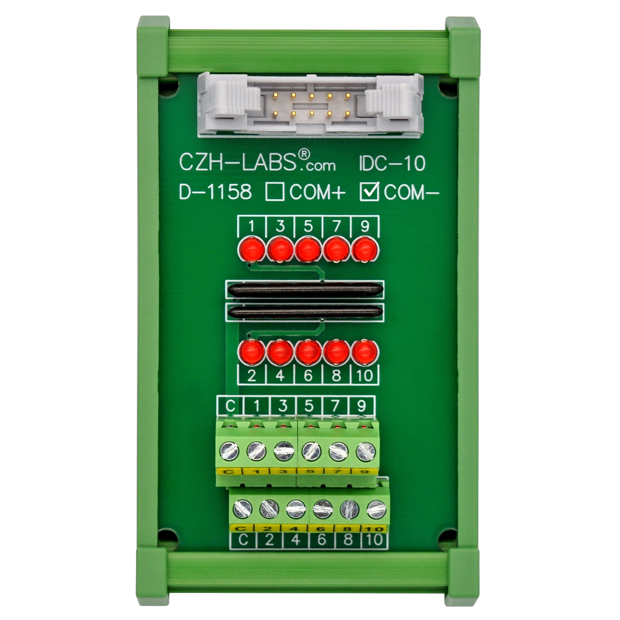 IDC10 Interface Module, COM- with LEDs For Circuit Indication, DIN41651 Flat Ribbon Cable Breakout Board, DIN Rail Mount