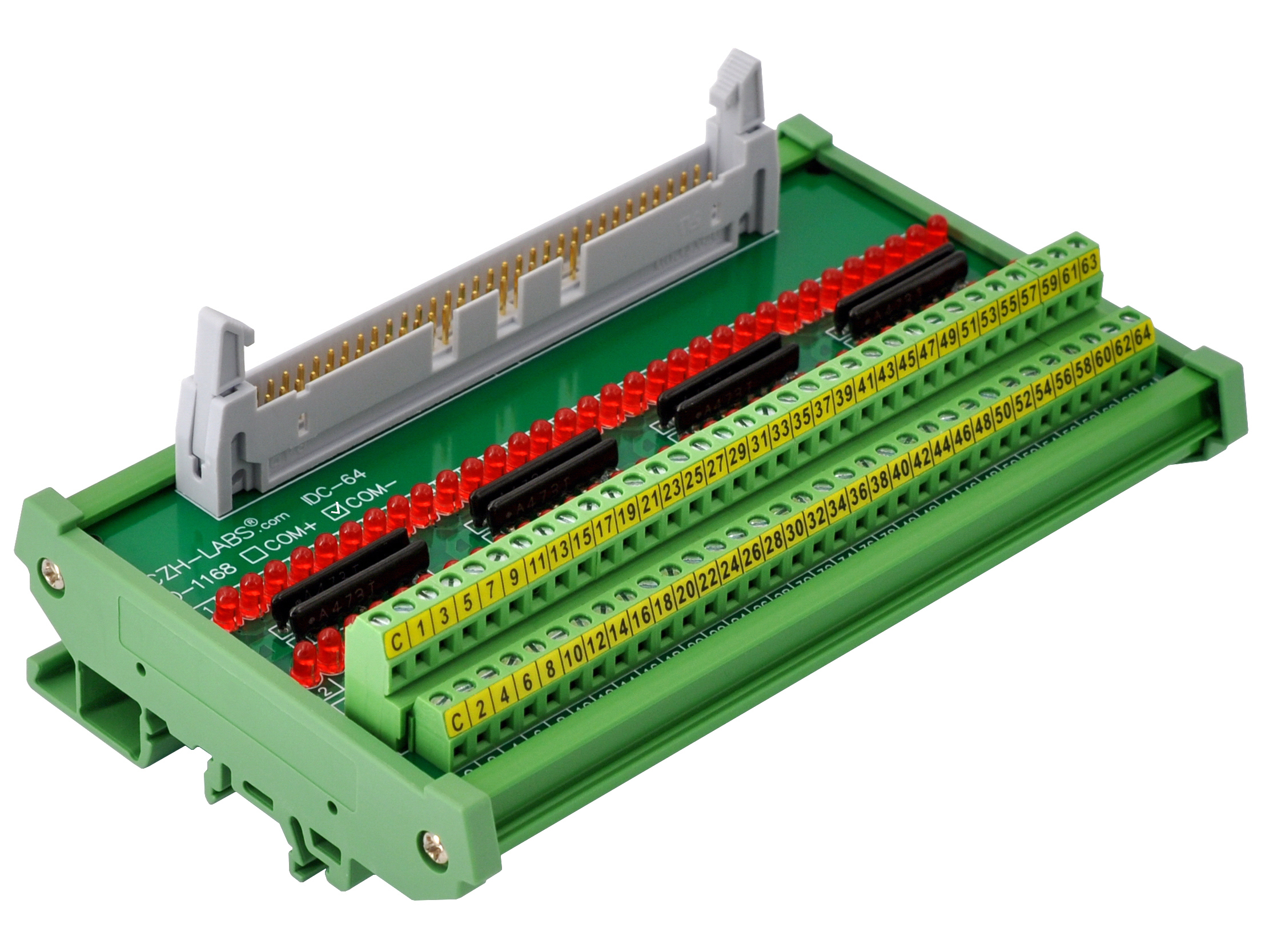IDC64 Interface Module, COM- with LEDs For Circuit Indication, DIN41651 Flat Ribbon Cable Breakout Board, DIN Rail Mount